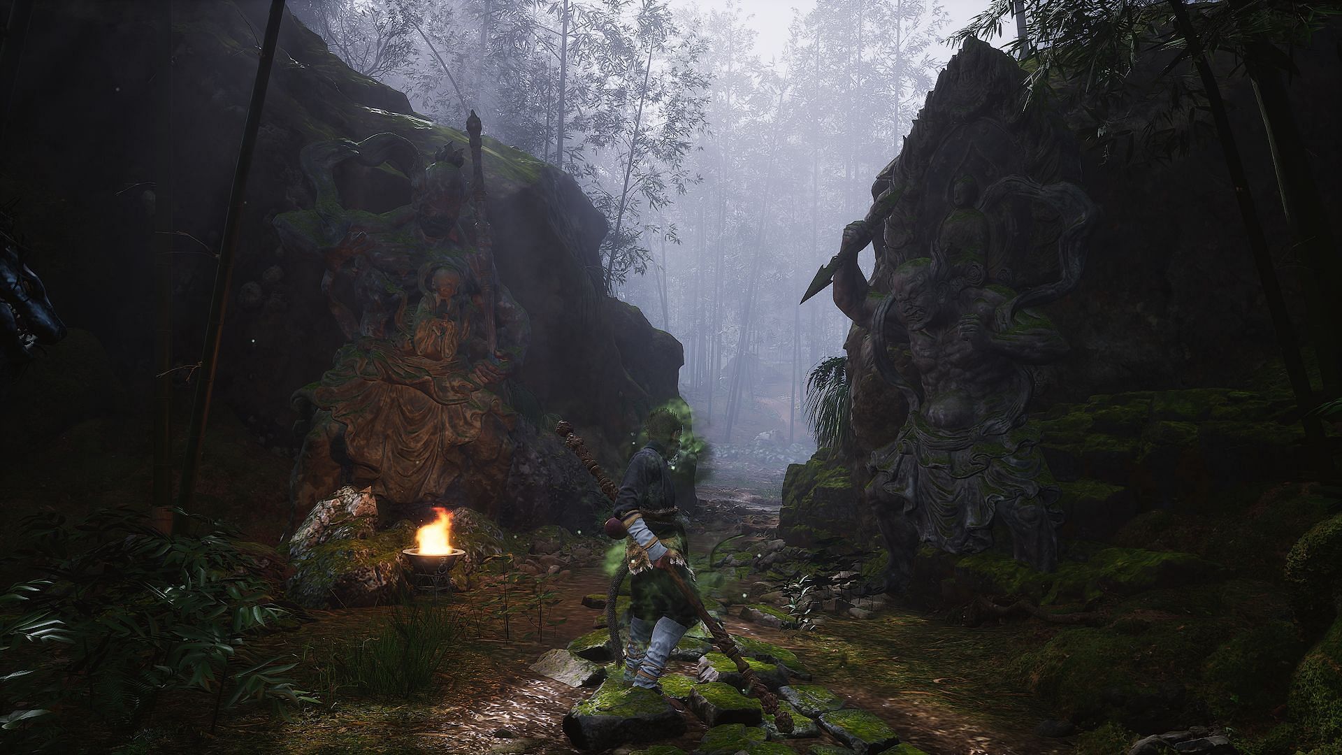 Guangmou can be found by passing through the path between these statues (Image via GameScience)