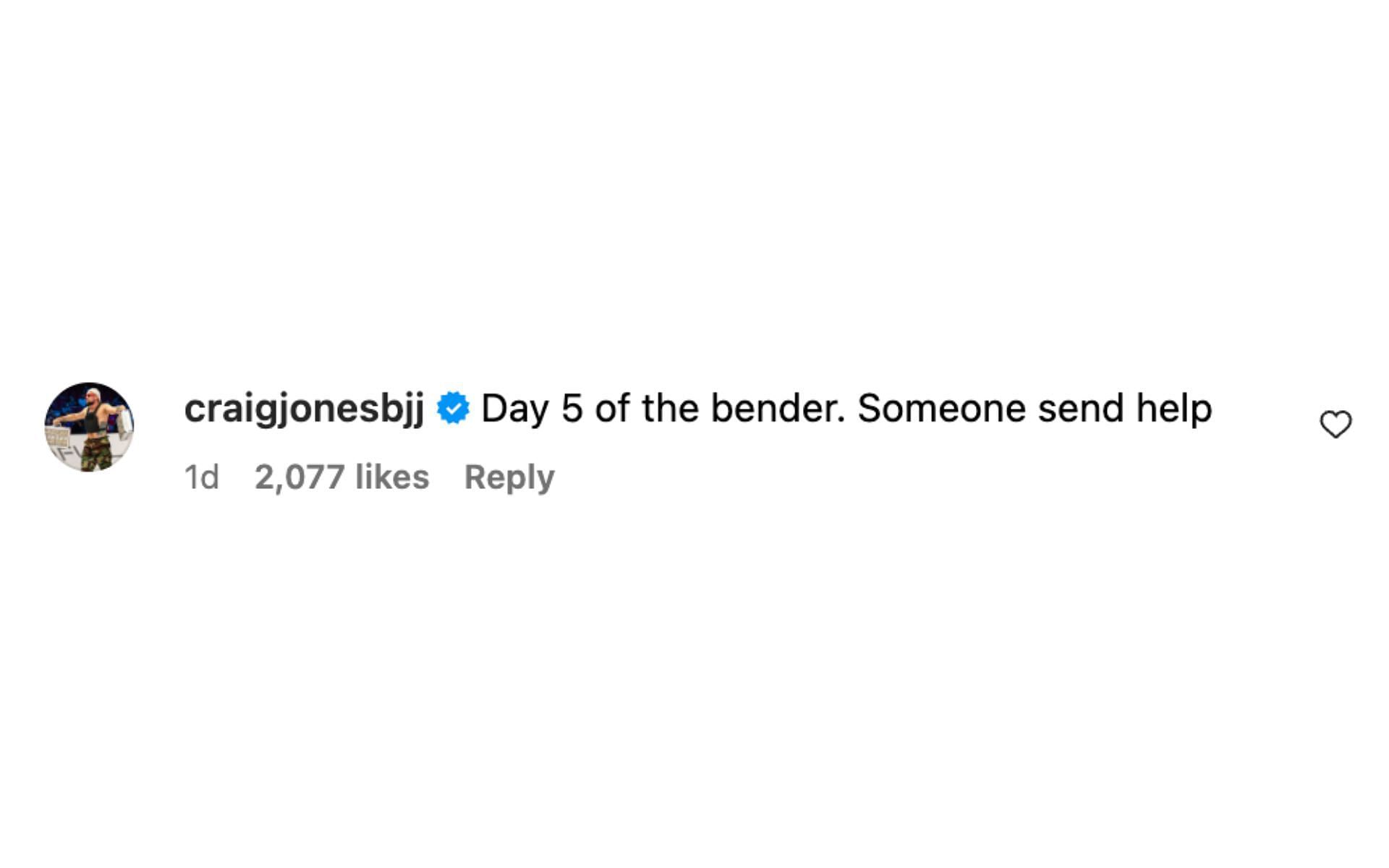 Craig Jones commenting on his Instagram post. [Image courtesy: @craigjonesbjj on Instagram]