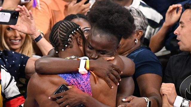 Junelle Bromfield hugging Noah Lyles after the 100m finals at the Paris Olympics 2024 [Image Source : Getty]