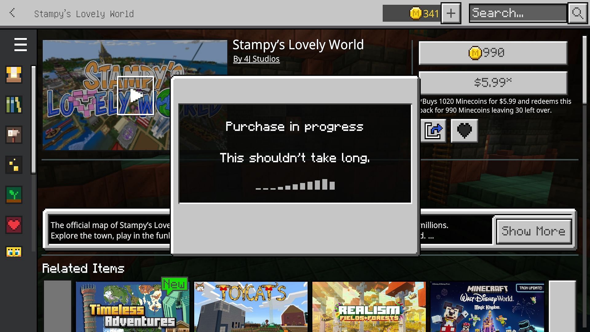 The pop-up when purchasing Stampy&#039;s Lovely World (Image via Mojang)