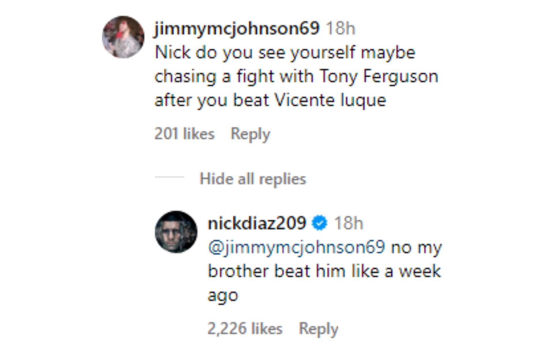 Diaz's comment regarding a potential bout against Ferguson [Image courtesy: @nickdiaz209 - Instagram]