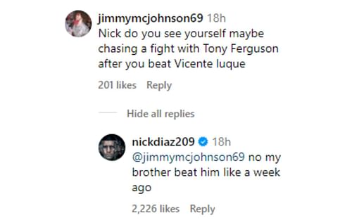 Diaz's comment regarding a potential bout against Ferguson [Image courtesy: @nickdiaz209 - Instagram]