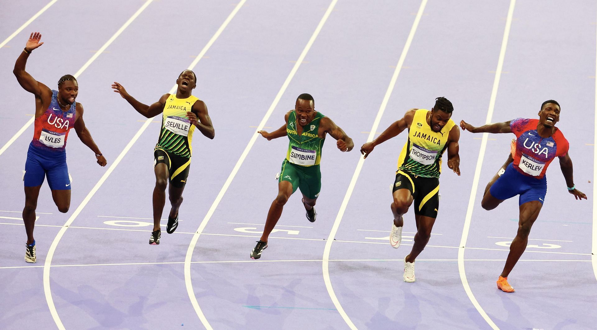 Fred Kerley [Extreme right] in action during the men&#039;s 100m finals at the Paris Olympics [Image: Getty]