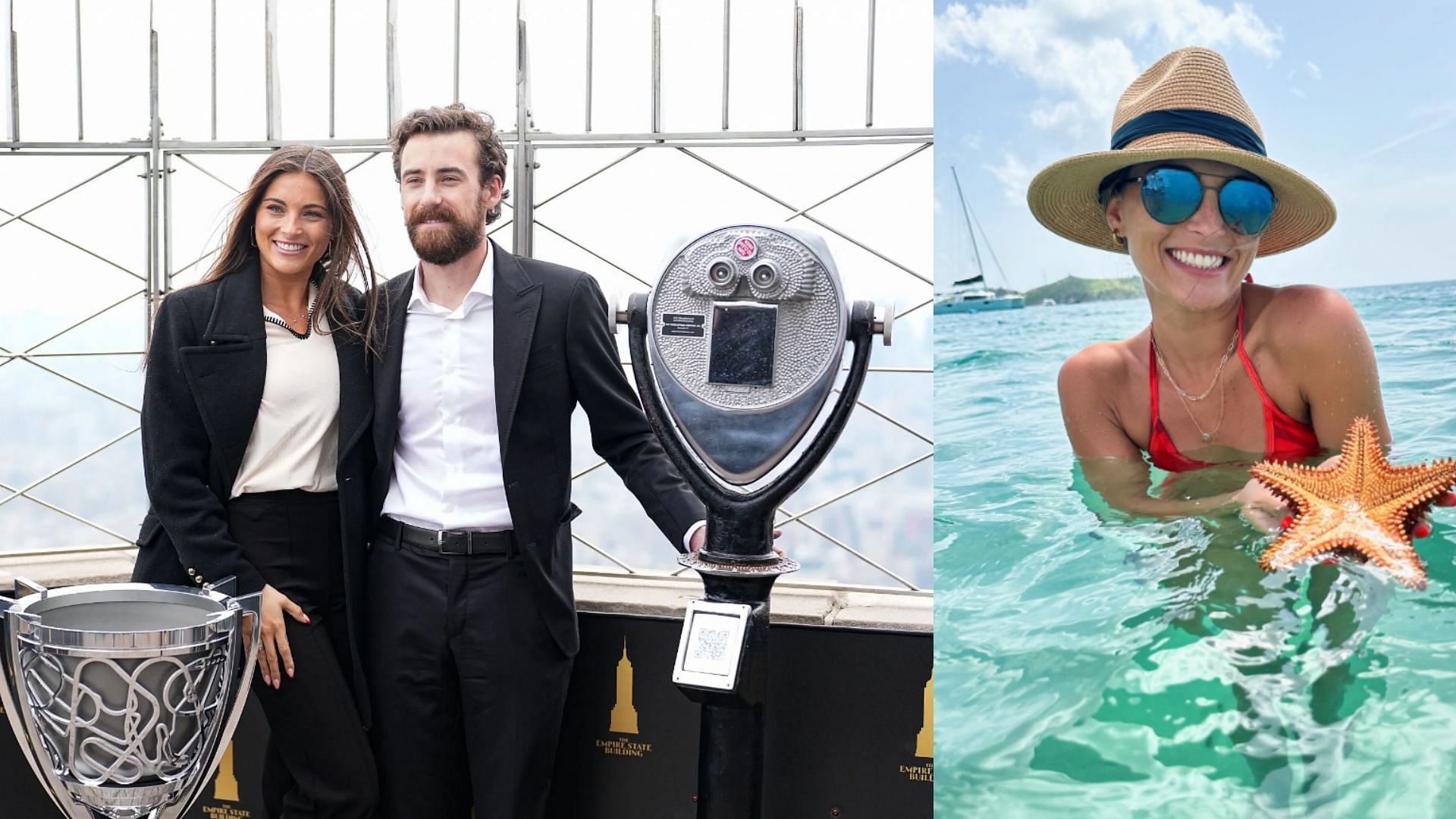 Left: NASCAR Cup Series Winner Ryan Blaney Visited The Empire State Building with girlfriend Gianna Tulio (Source: Getty). Right: Gianna Tulio posing in the ocean in Marigot, St. Martin (Source: @giannatulio on Instagram)