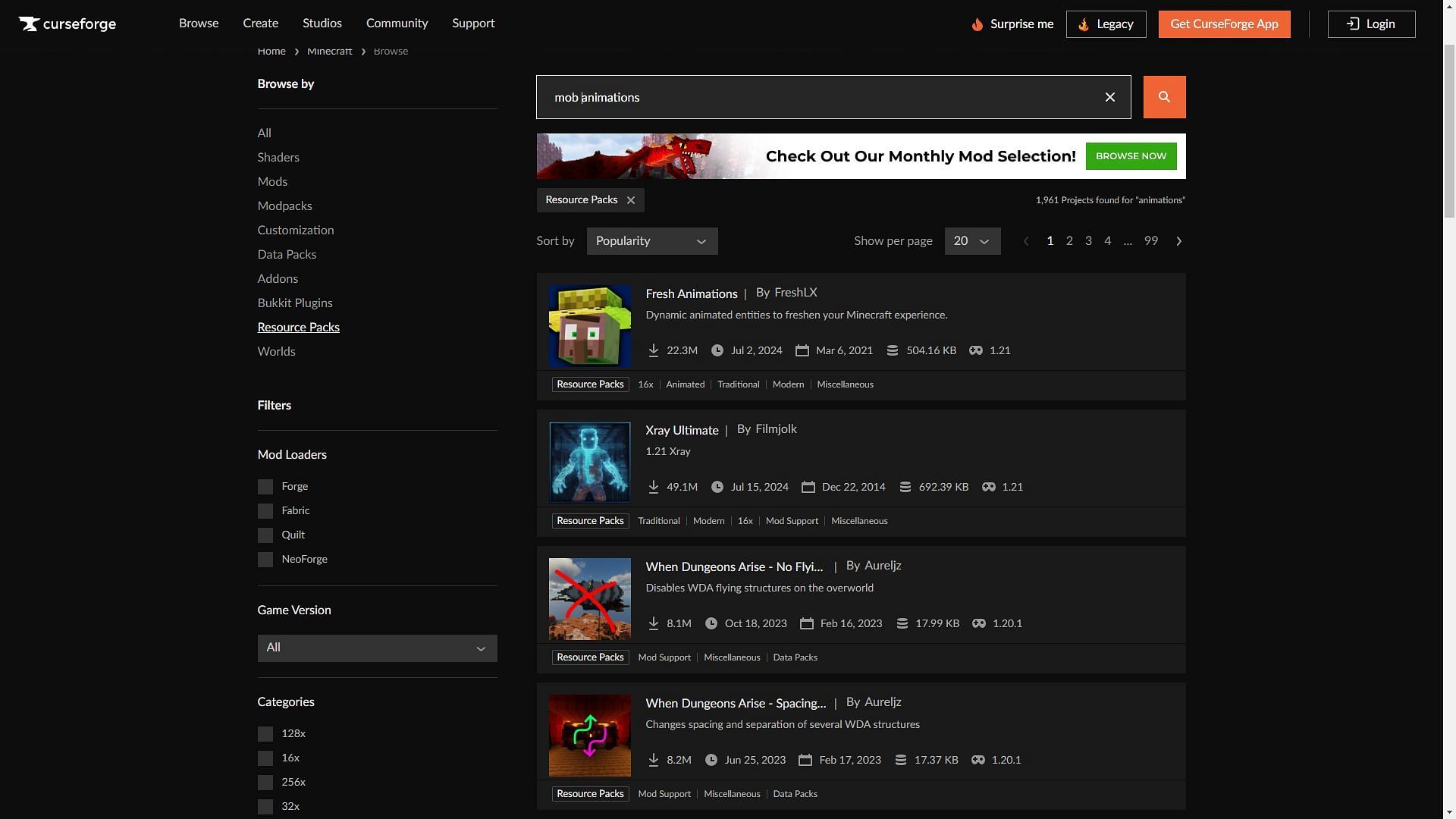 Search for various mob animation resource packs on CurseForge (Image via CurseForge)