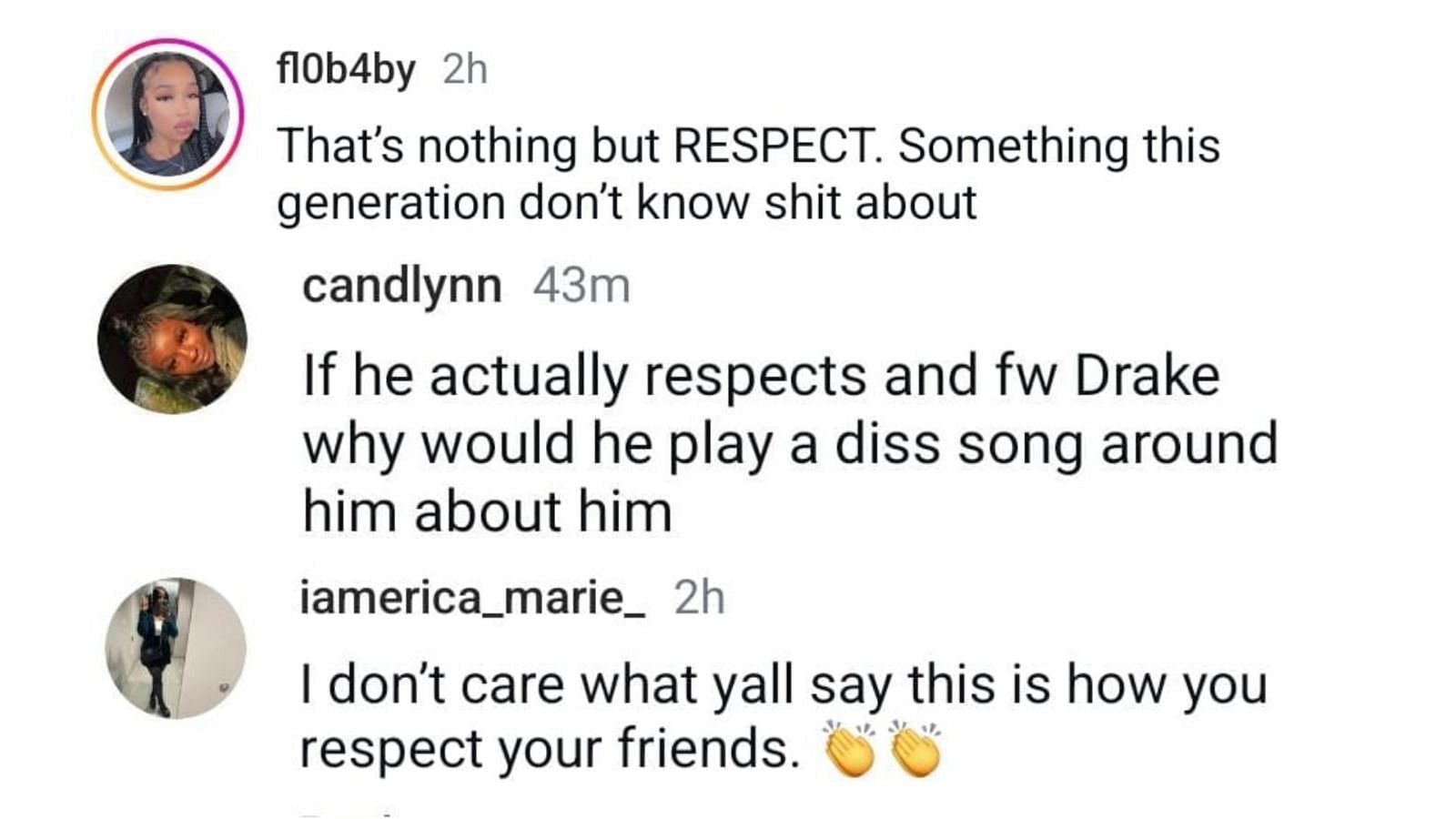 Fans praised Rubin for supporting Drake (Image via Instagram / @fl0b4by / @candlynn / @iamerica_marie_)