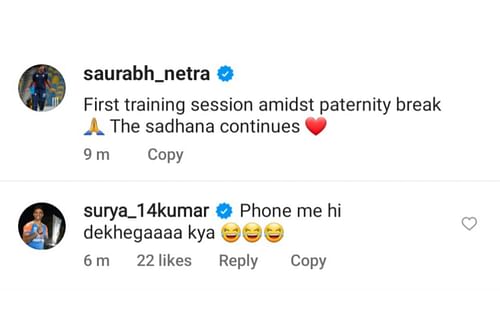 Suryakumar Yadav drops a hilarious comment on Saurabh Netravalkar's Instagram post (Image via Instagram/@saurabh_netra)