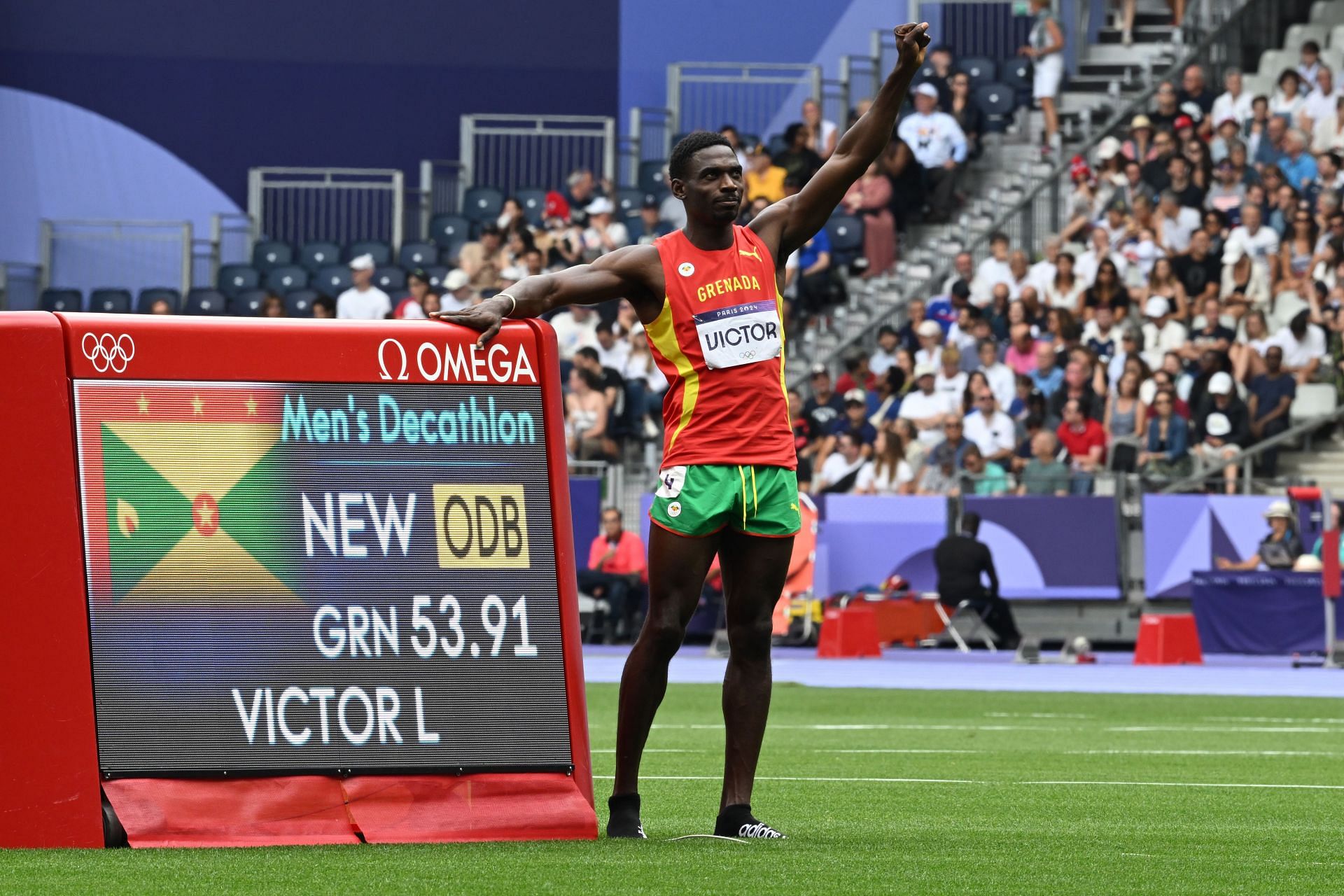 Lindon Victor after breaking the Olympic record for Discus Throw in Men&#039;s Decathlon at the Paris Olympics [Image Source: Getty]