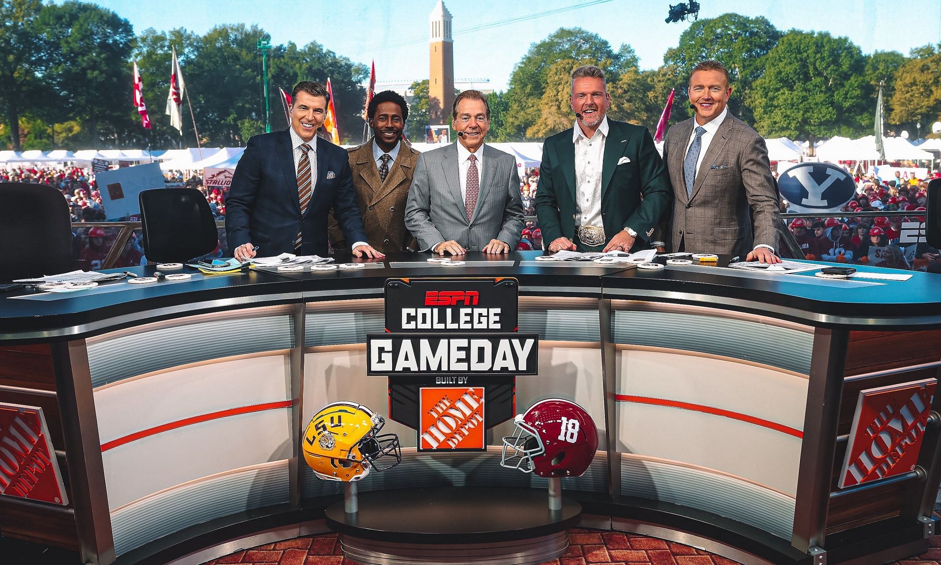 Nick Saban learns to snap a selfie in latest Home Depot advert alongside College GameDay crew.