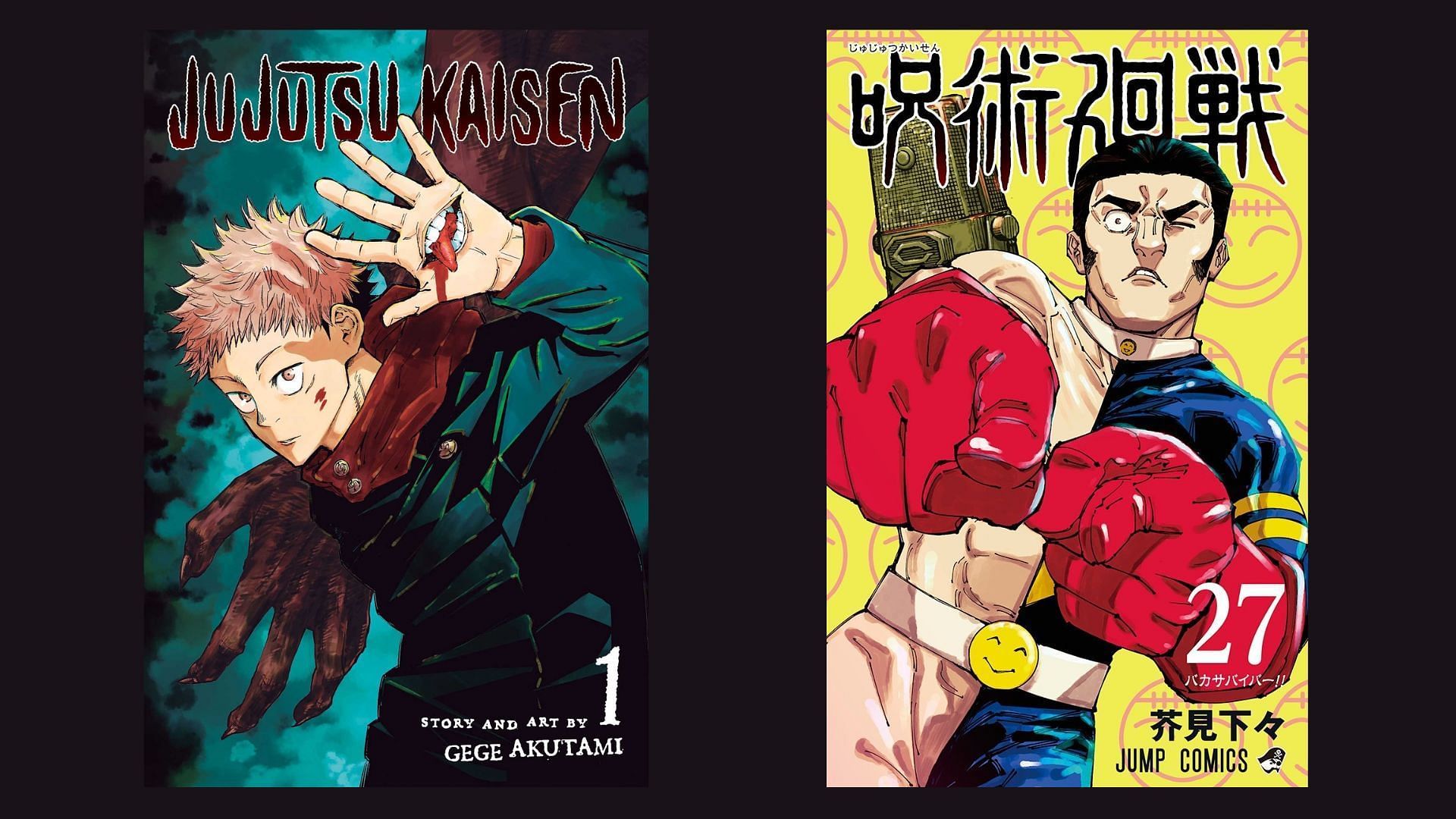 Jujutsu Kaisen volumes 1 and 27 covers featuring Yuji and Takaba (Image via Shueisha)