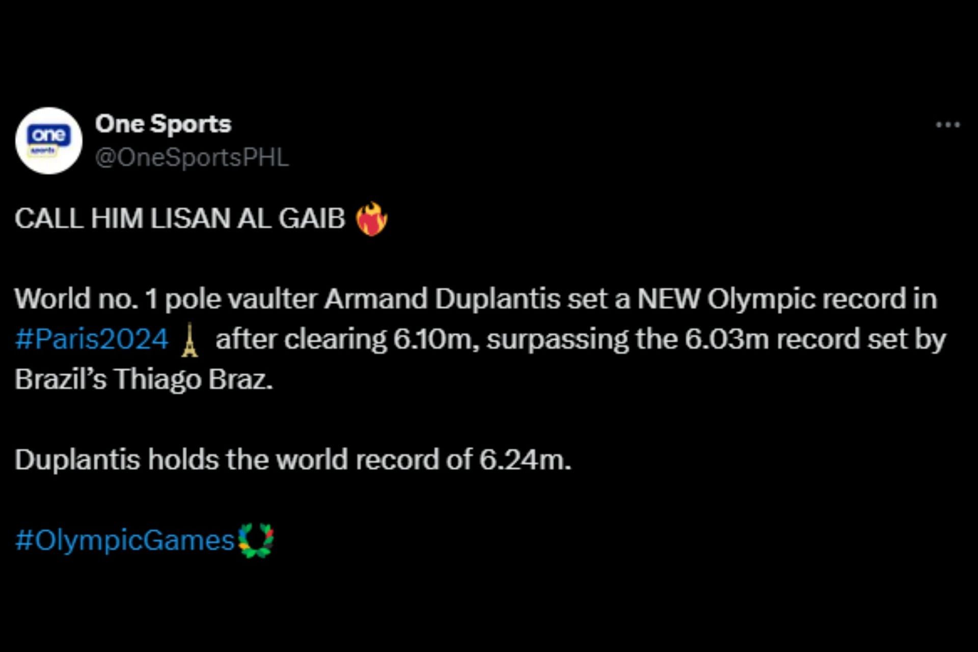 Netizen compared Armand Duplantis to Lisan al Gaib following his Olympic gold medal win (Image via X)