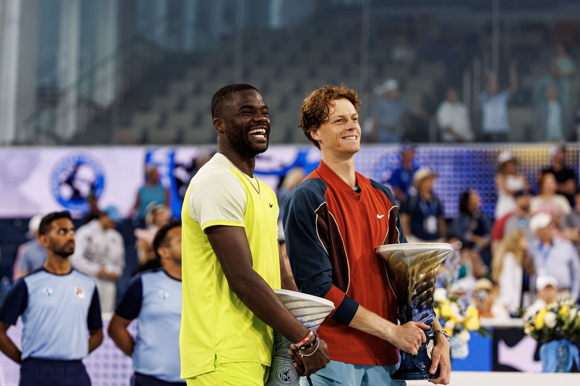 Frances Tiafoe (L) and Jannik Sinner during the trophy presentation (Image Source: Getty)