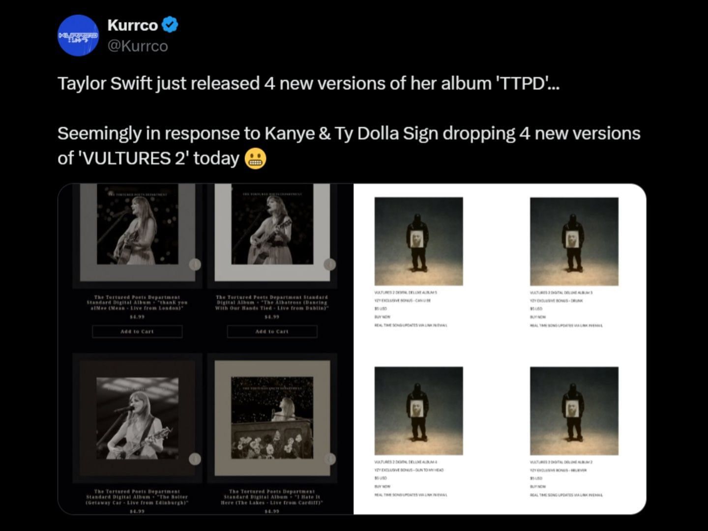 Taylor Swift allegedly released TTPD new album versions to compete with Kanye West&#039;s Vultures 2 on the charts. (Image via X/@Kurrco)