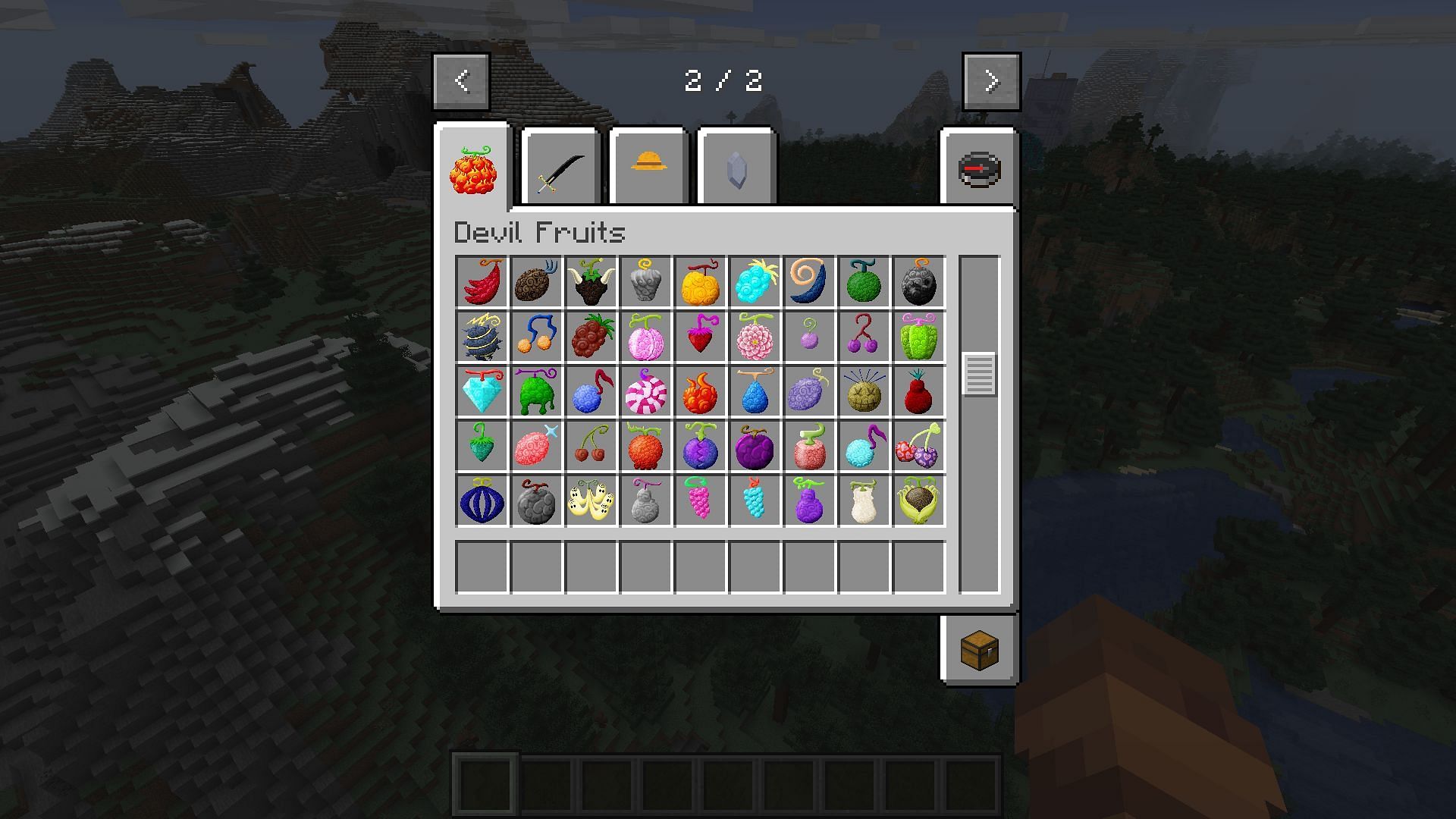 Some of the many Devil Fruit added with the mod (Image via Mojang)