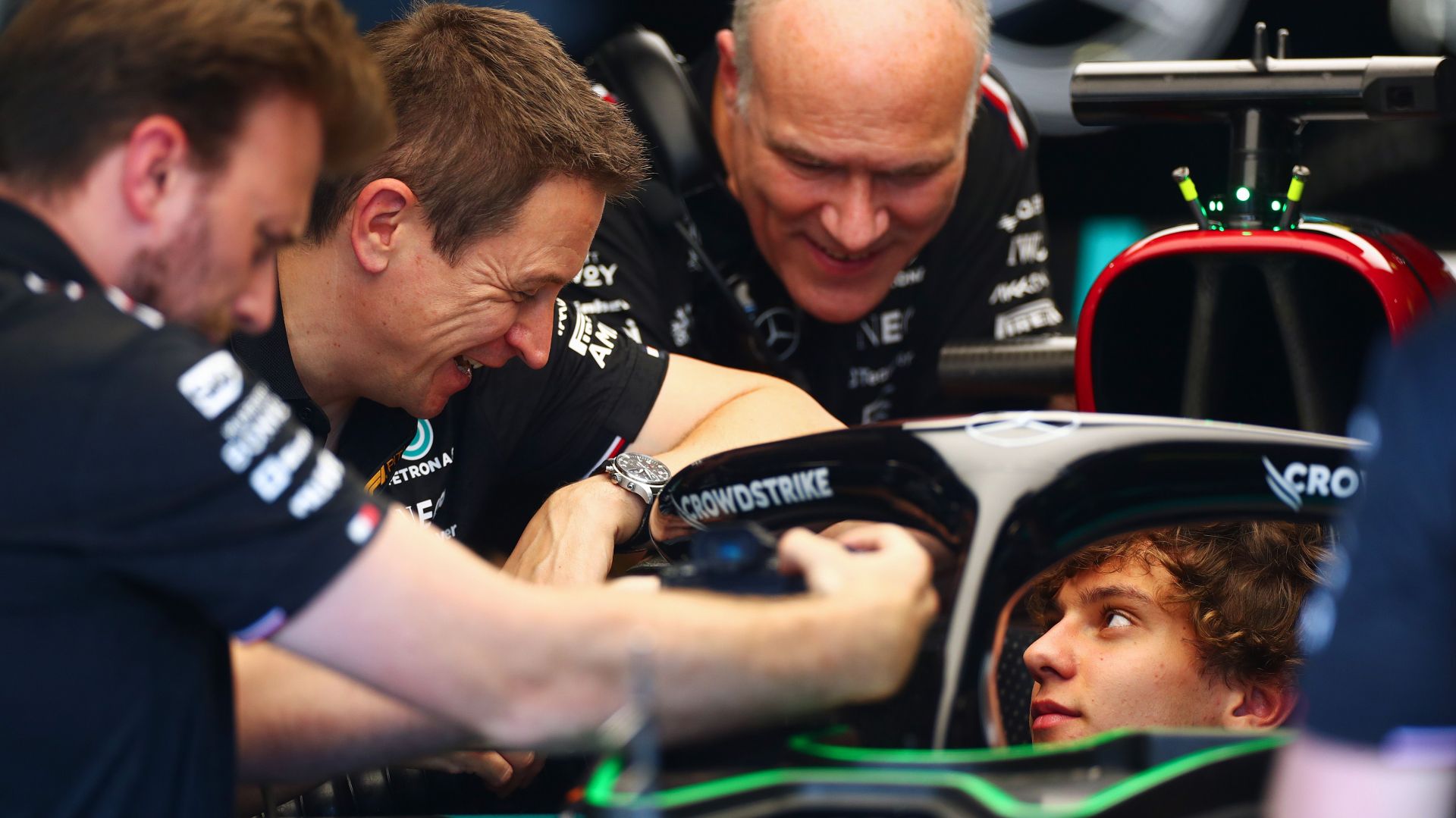 Andrea Kimi Antonelli of Mercedes has a seat fitting in Lewis Hamilton&#039;s car (Image via Getty Images)