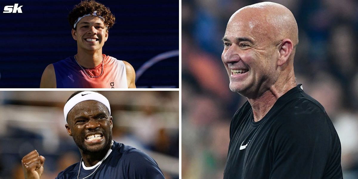 Ben Shelton(top left) Frances Tiafoe(bottom left) and Andre Agassi(right). Images: Getty