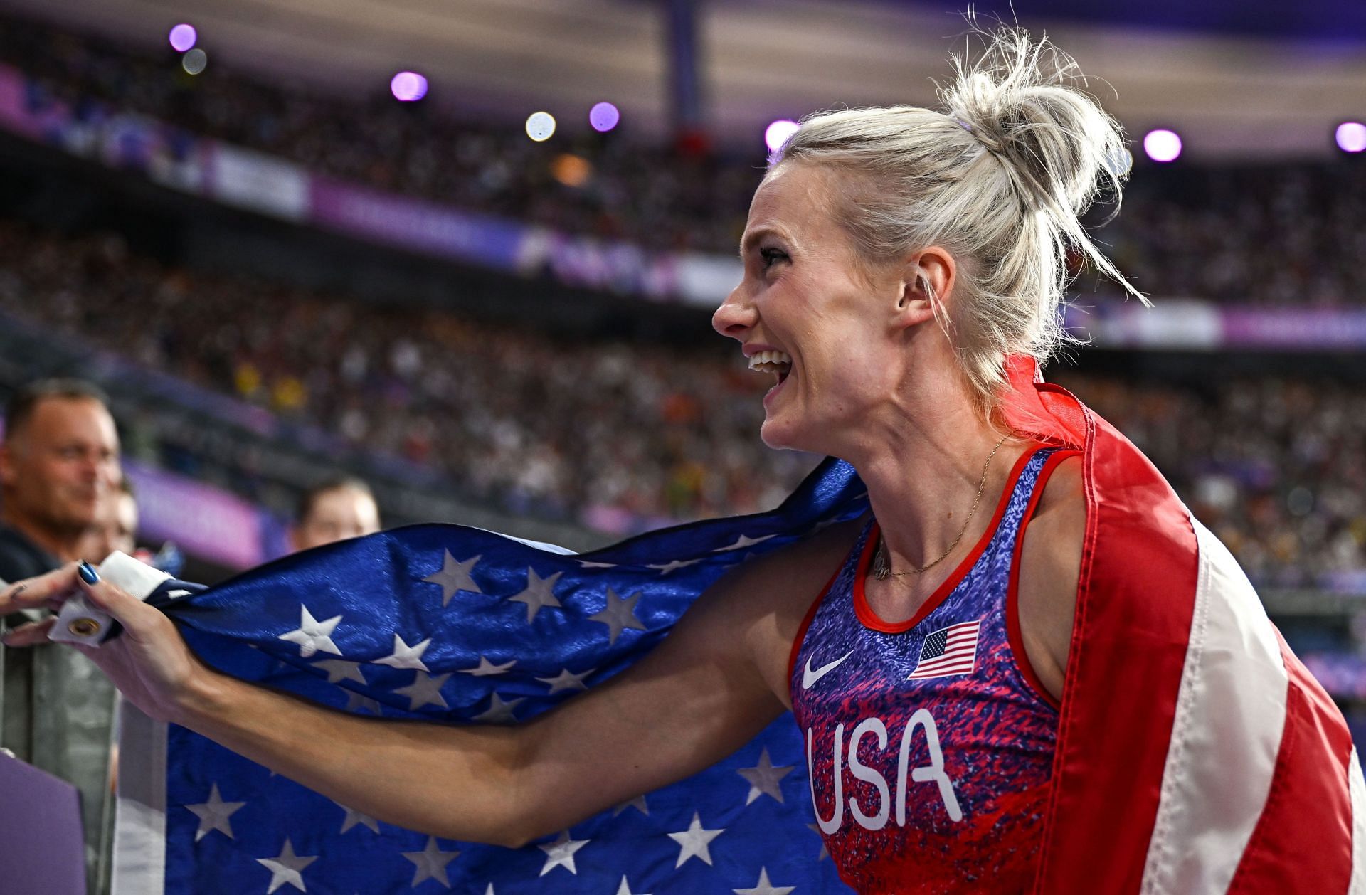 Katie Moon of Team USA after competing in the women&#039;s pole vault final at the 2024 Summer Olympic Games in Paris, France. (Photo via Getty Images)