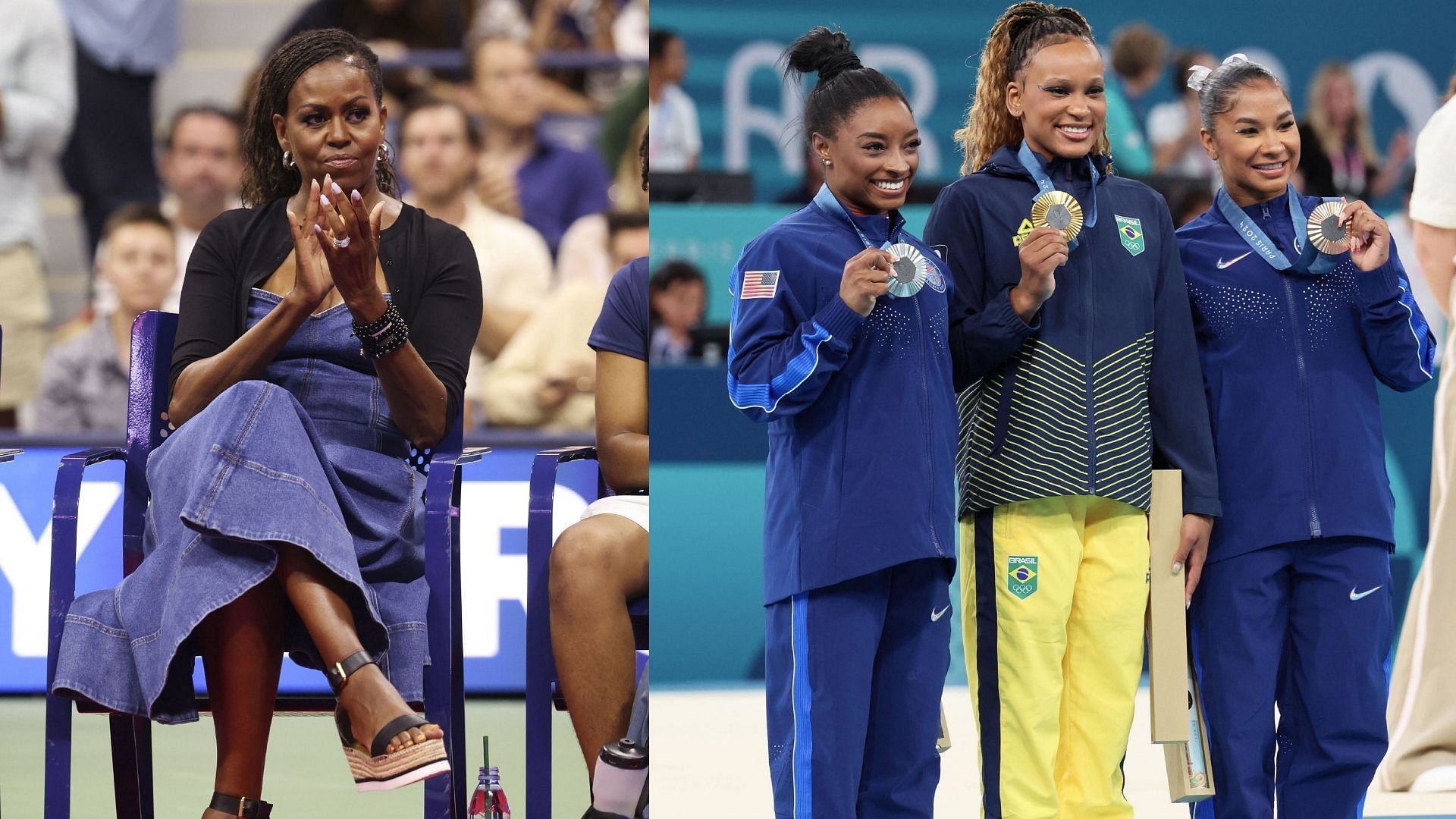 Michelle Obama praises Simone Biles and Jordan Chiles for their sportsmanship toward Rebeca Andrade after floor exercise finals at Paris Olympics (Images: All via Getty)