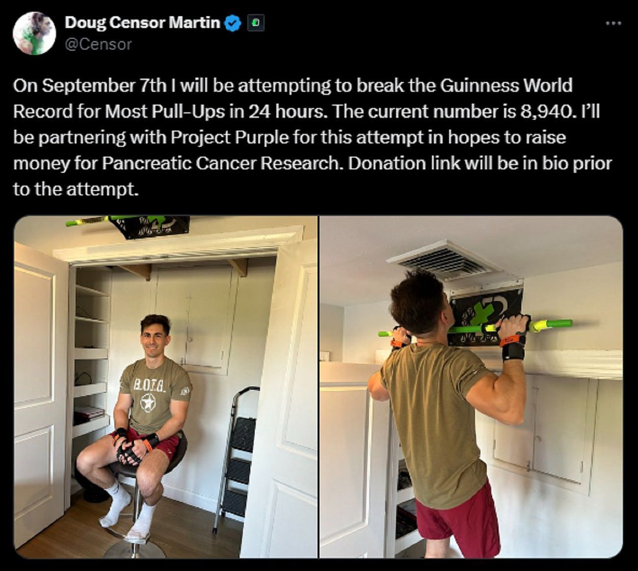 Censor to attempt to break the world record for most pull-ups in 24 hours (Image via X/Censor)