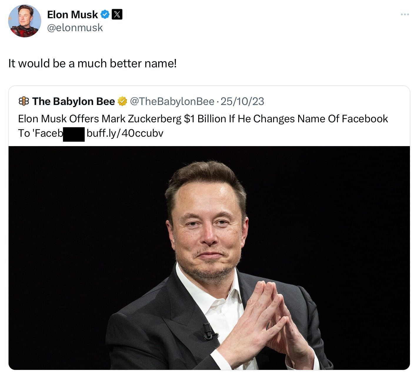 Musk&#039;s tweet about Facebook&#039;s name change (Image via @elonmusk/X)