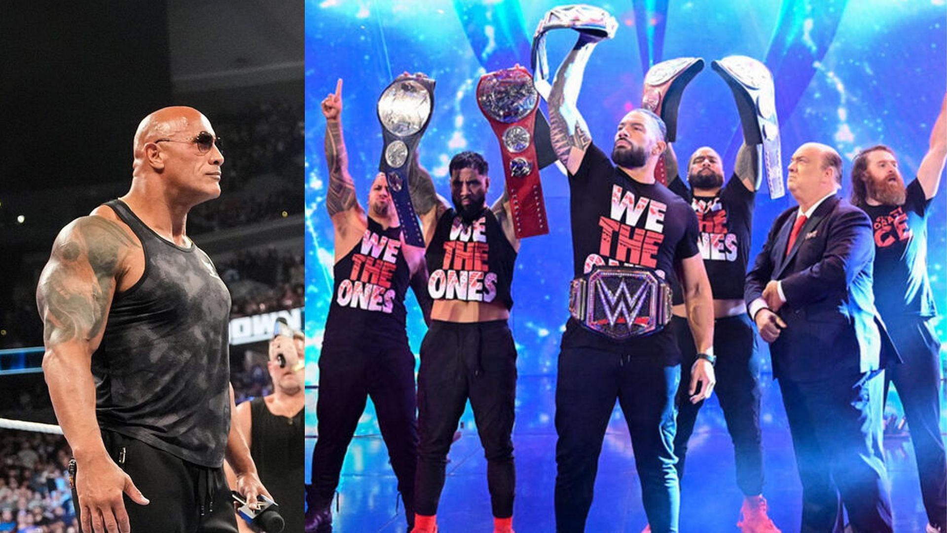 The Rock on the left and the Bloodline on the right (Image Credits: WWE.com)