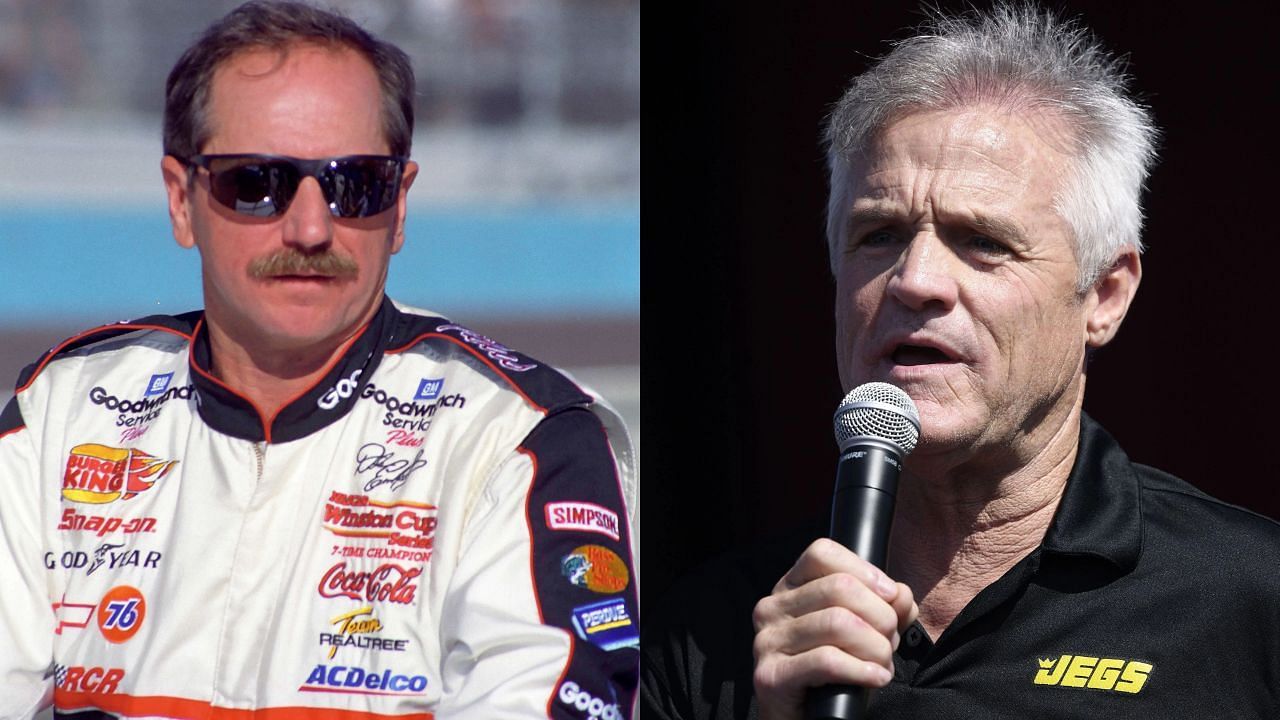 Dale Earnhardt and Kenny Wallace (Left image credit Imagn, Right image credit Getty)