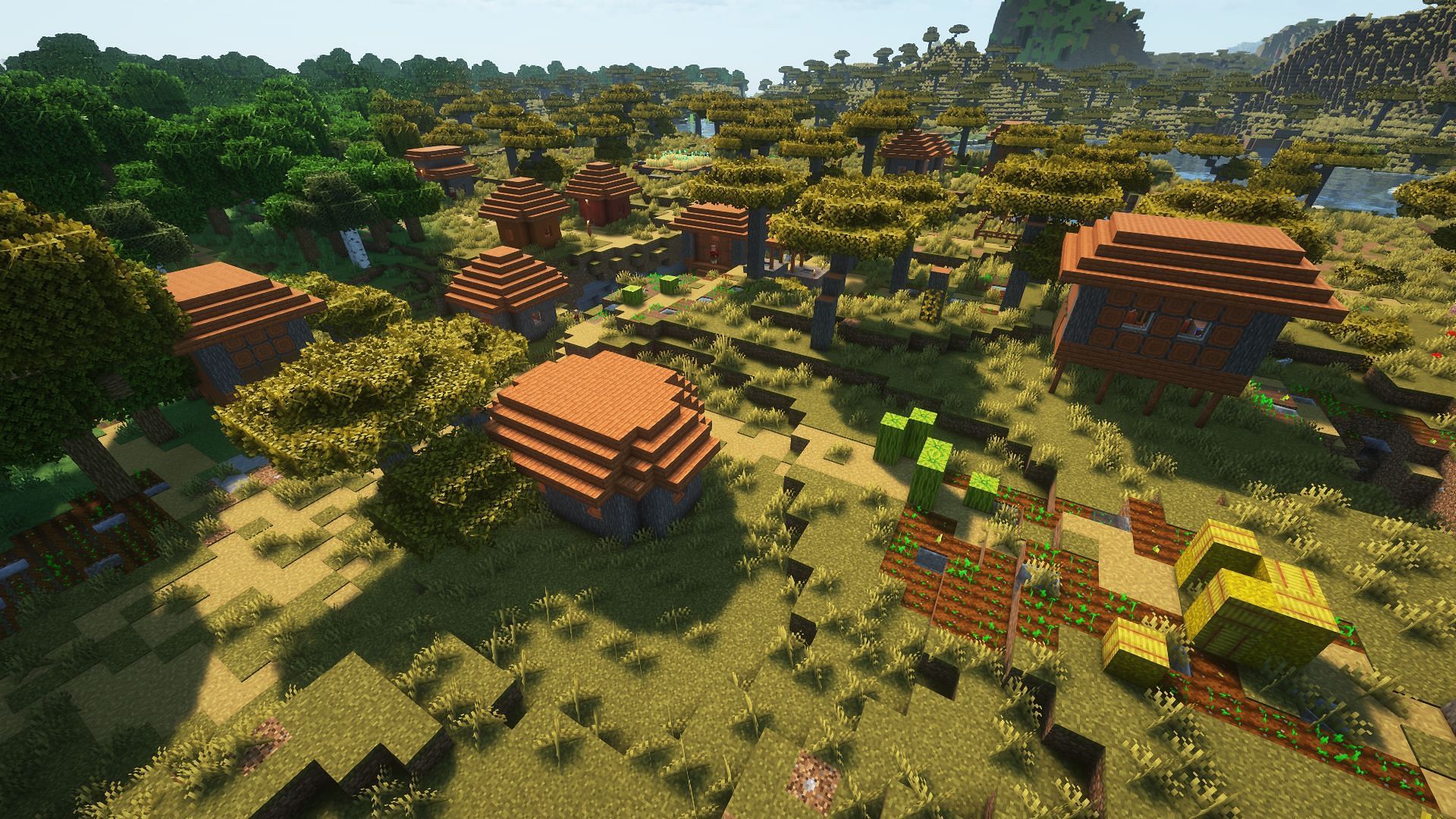 A gorgeous savanna village found near a regular forest (Image via Mojang)