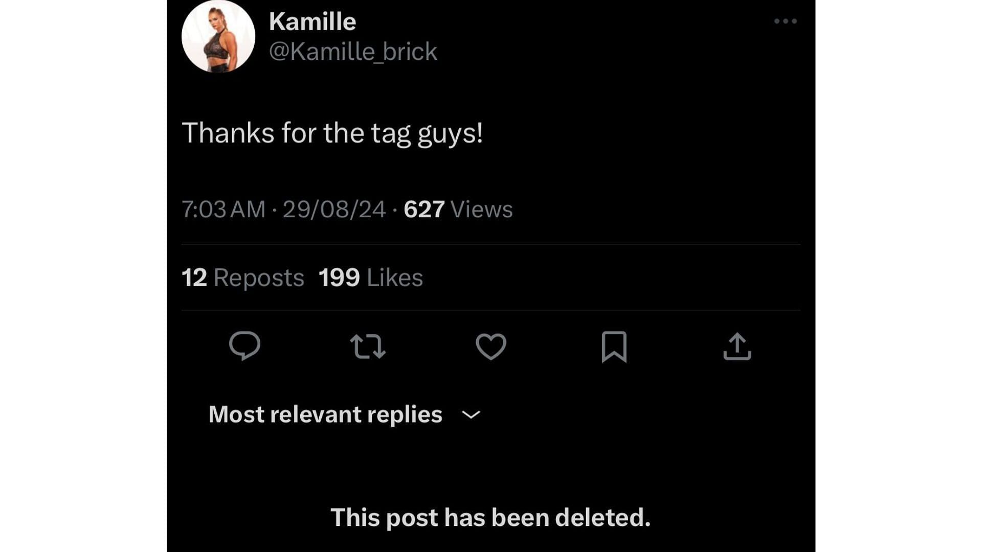 Kamille reacted to AEW not tagging her in a segment involving her [Source: X/Twitter, deleted post]