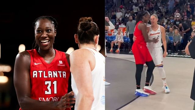 Tina Charles shares a brief moment with Diana Taurasi after the Dream star moves into second place in the all-time career points list. [photo: @atlantadream, @WNBA]