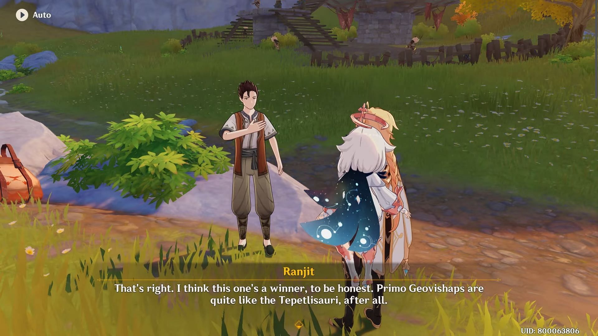 NPC Ranjit compares the Tepetlisaurus to the Primo Geovishap (Image via YT/MMOJACKX57)