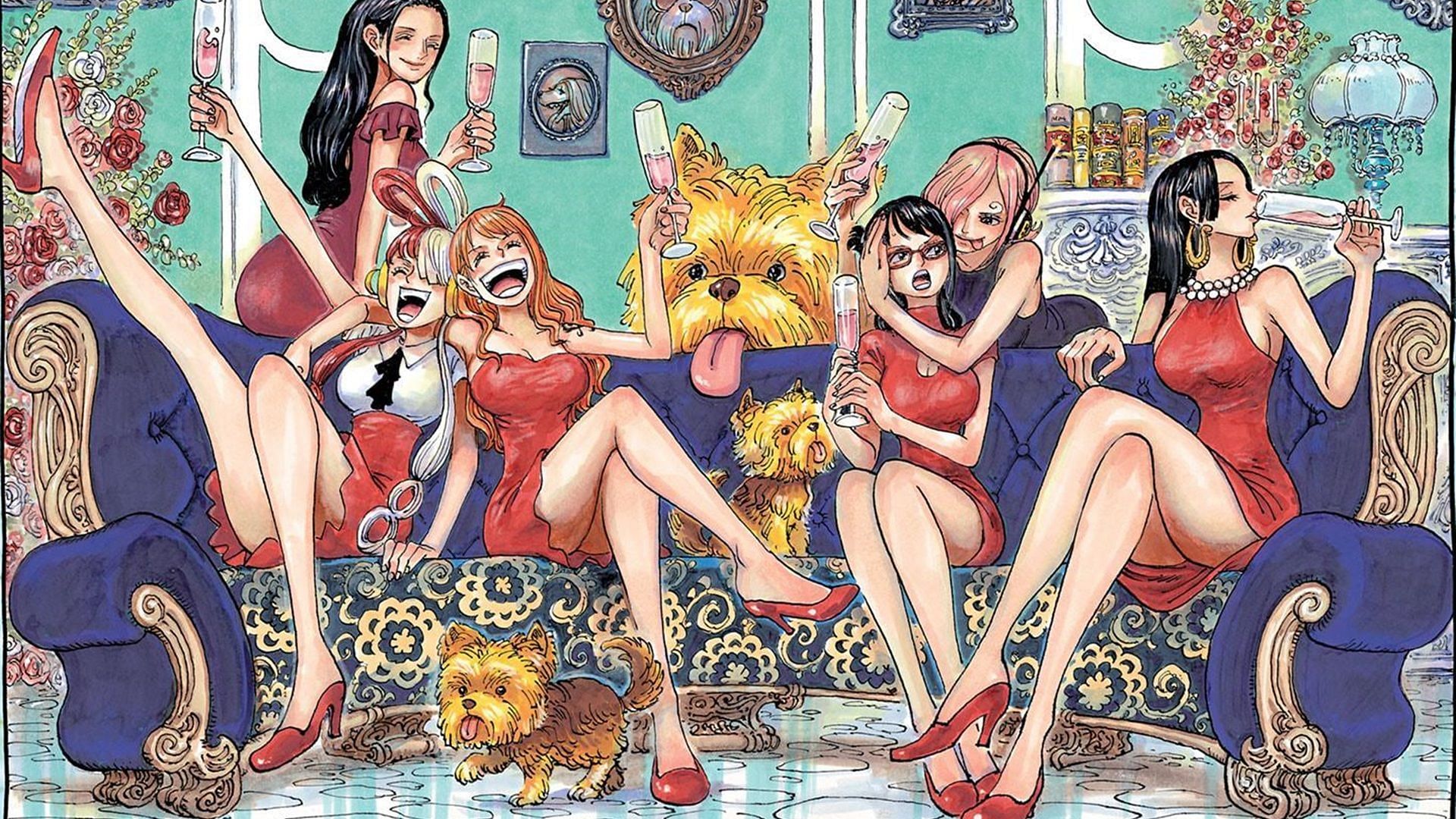 From left to right, Uta, Nico Robin, Nami, Tashigi, Reiju, and Boa Hancock (Image via Shueisha)