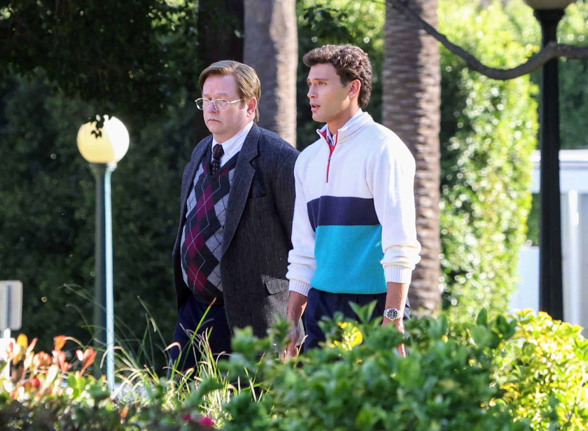 Cooper Koch (right) seen on set of Monsters: The Lyle and Erik Menendez Story as Erik Menendez (Image via Getty)