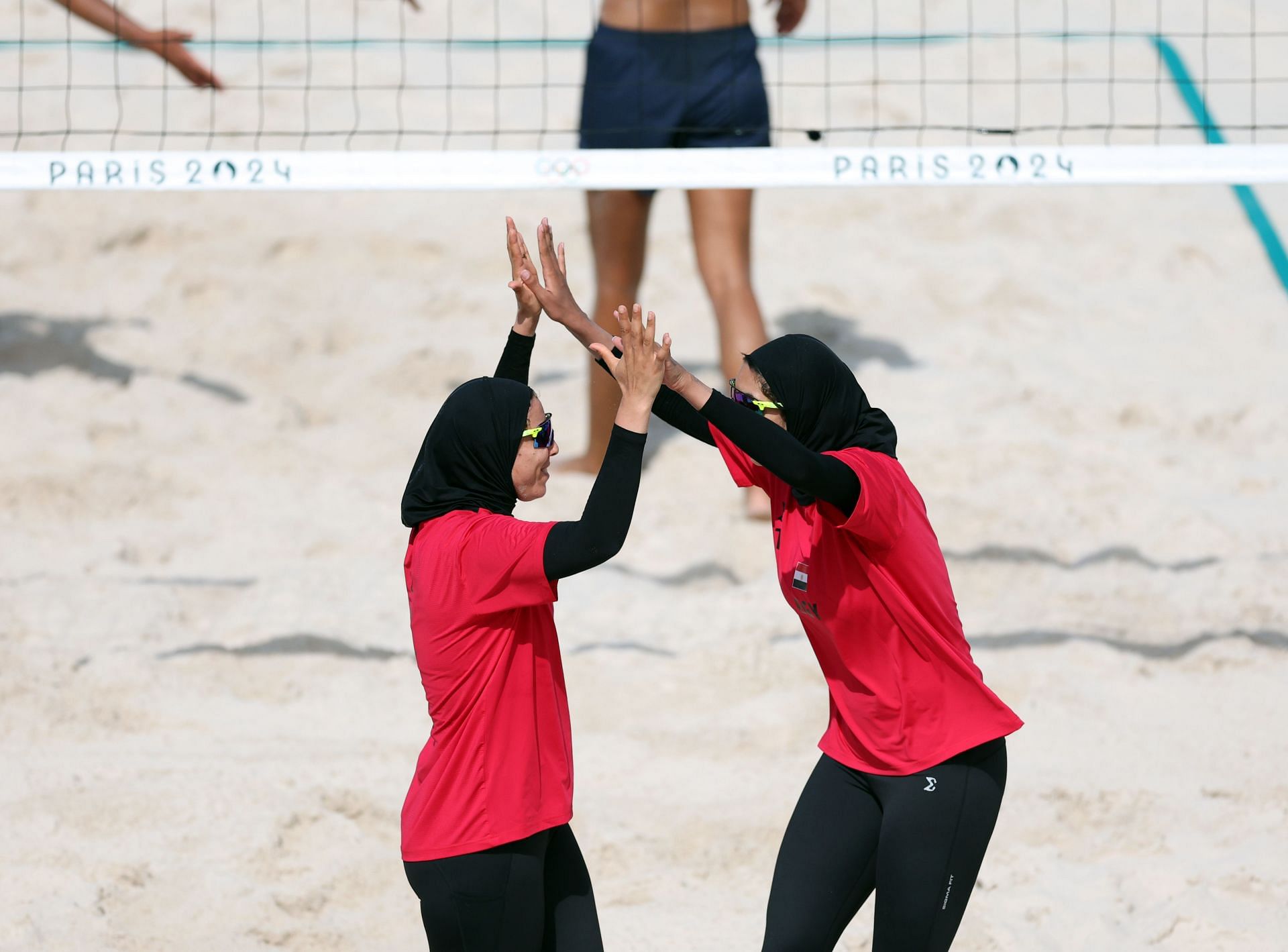 Marwa Abdelhady and Doaa Elghobashy of Team Egypt during the Women&#039;s beach volleyball match at the Paris Olympics 2024 at Eiffel Tower Stadium in Paris, France. (Photo by Getty Images)