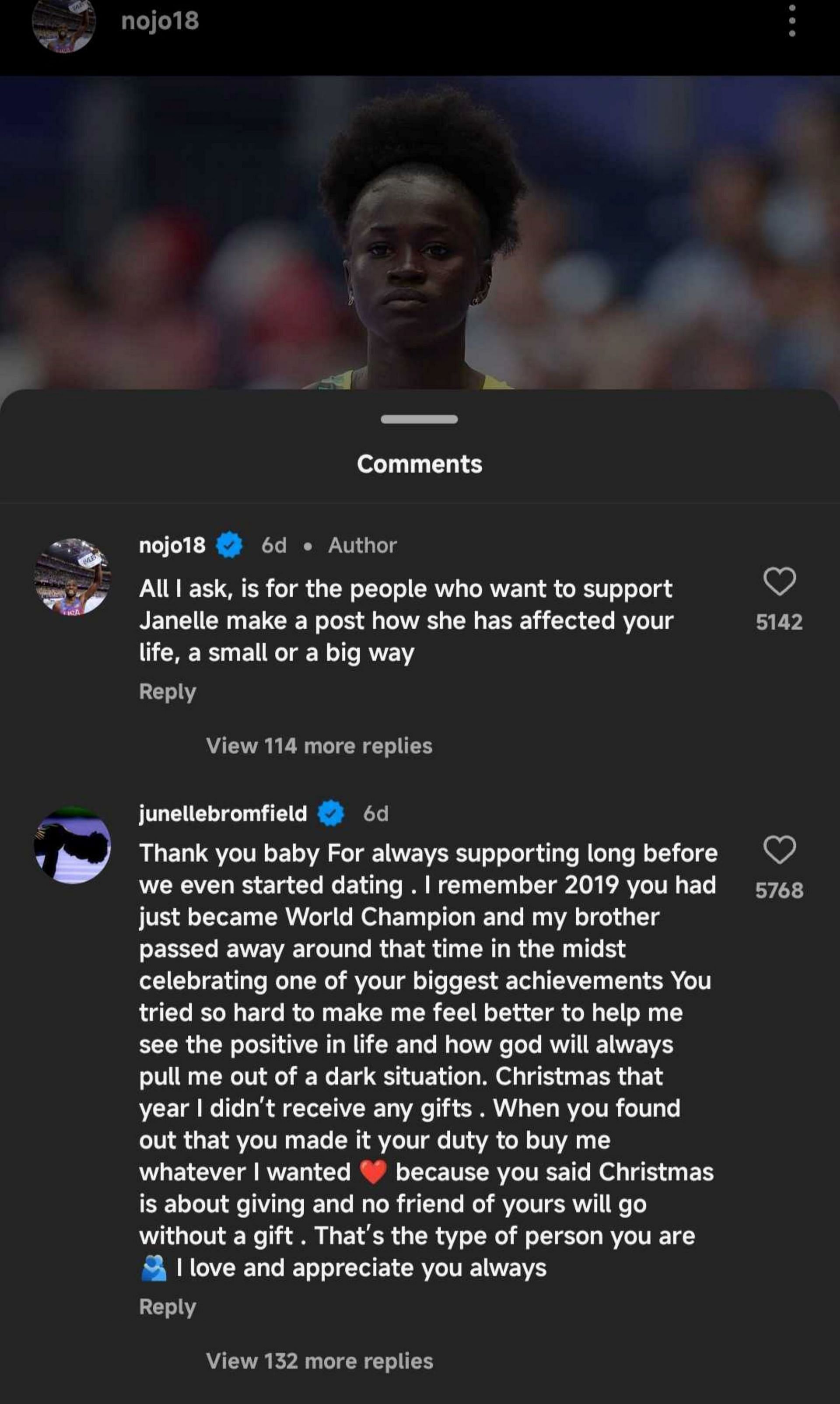 Junelle Bromfield reacts to Noah Lyles&#039; Instagram post