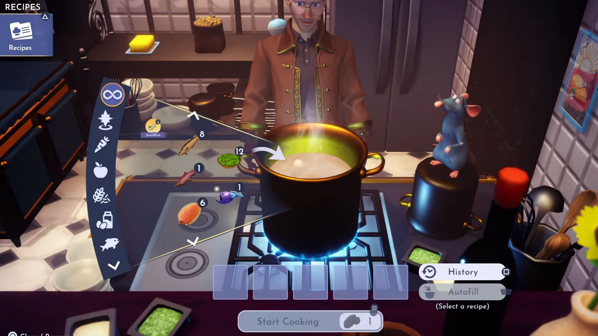 Place all the ingredients in the cooking pot to make Teriyaki Salmon (Image via Gameloft || YouTube@Greymane Gaming)