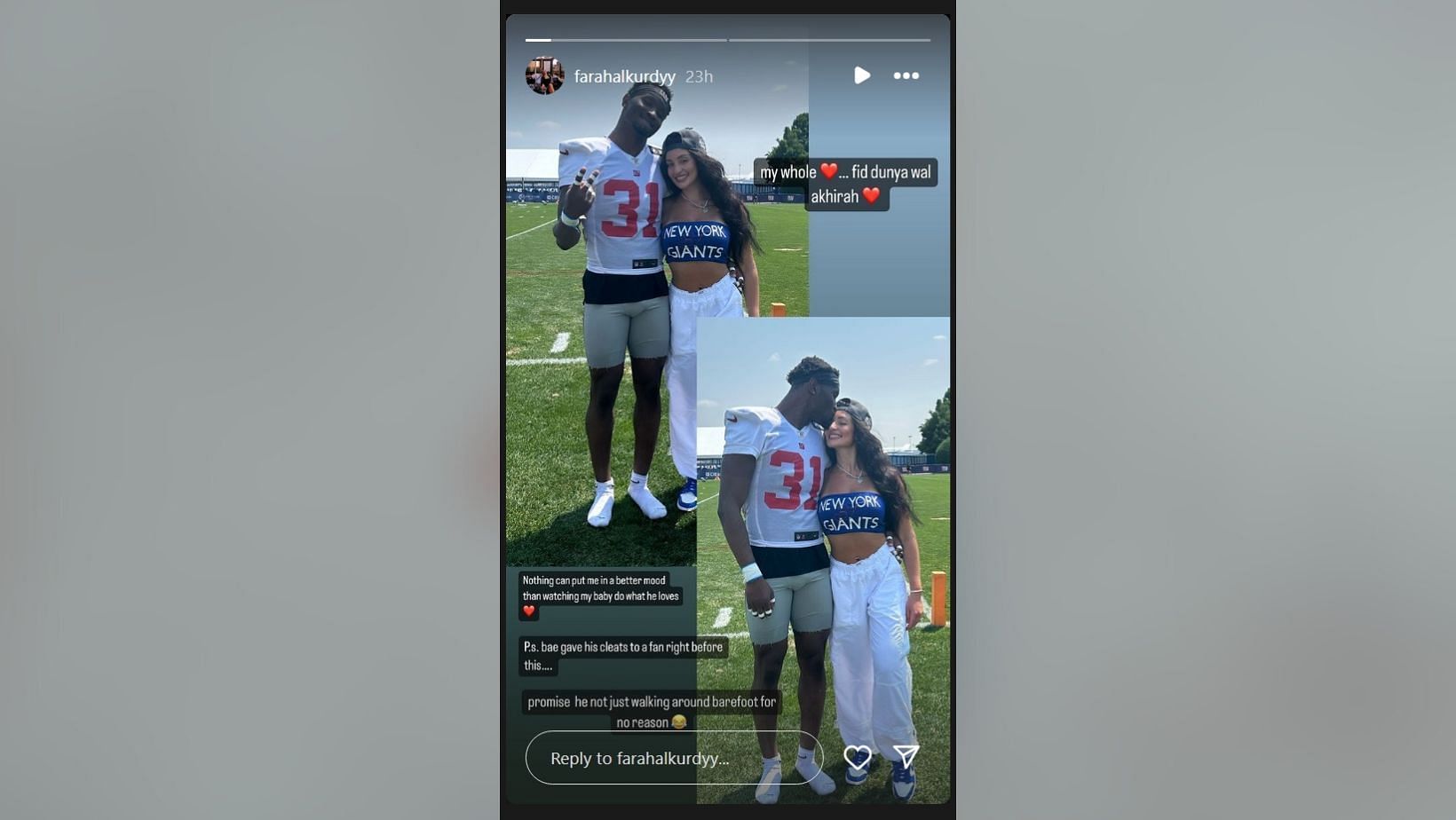 Tyler Nubin&#039;s fianc&eacute;e Farah Alkurdy gushes over star rookie&#039;s generous gesture at Giants training camp (Image Source: Farah Alkurdy/Instagram)