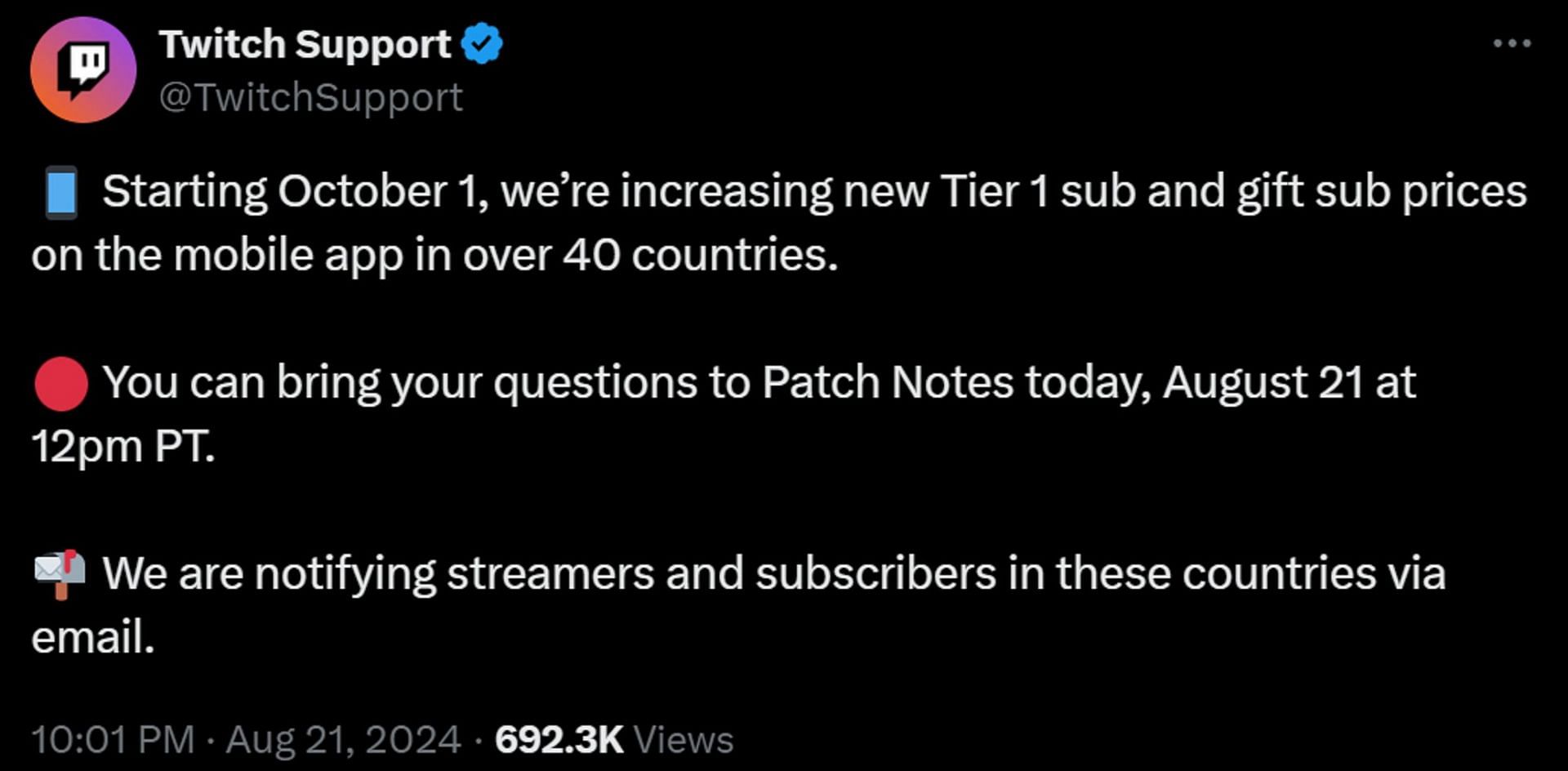 Twitch bumps up the price for Tier 1 subs on the mobile app (Image via X/TwitchSupport)