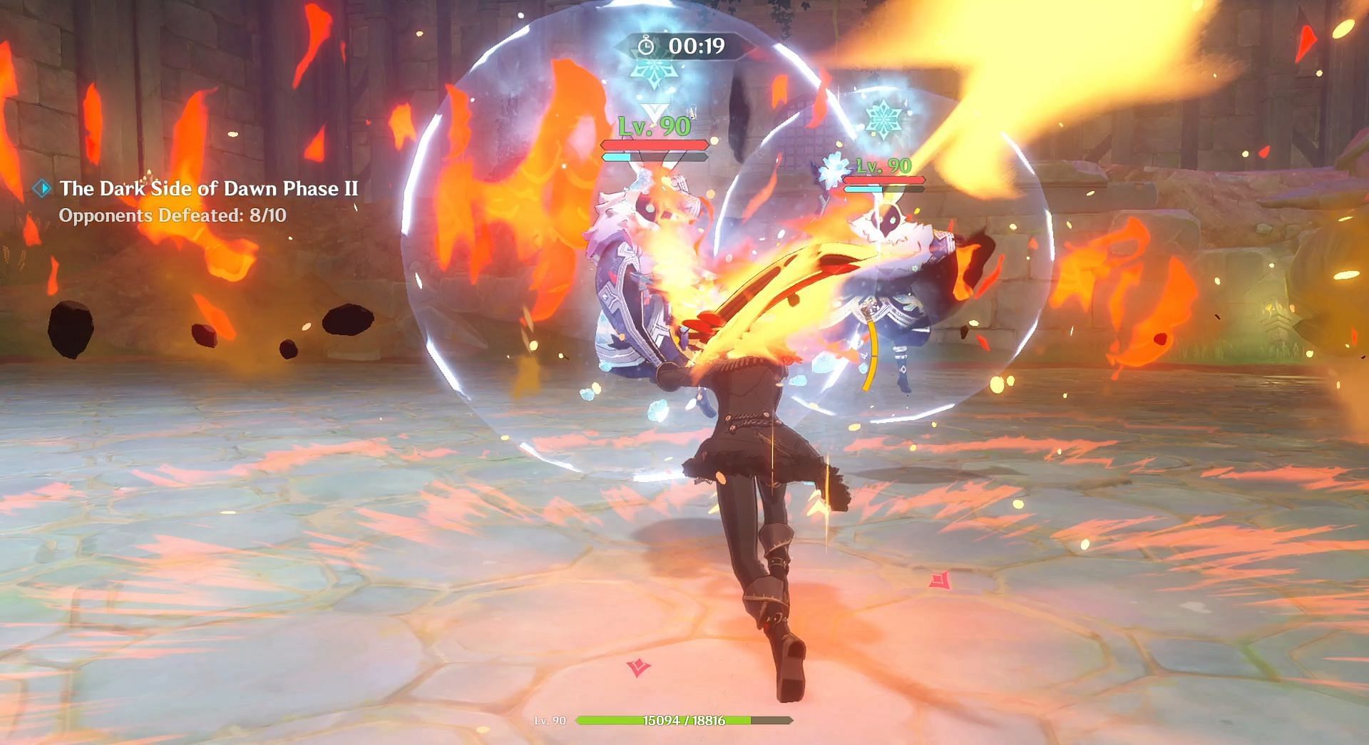 Break down the enemies&#039; shields with Diluc&#039;s Pyro-infused attacks (Image via HoYoverse)