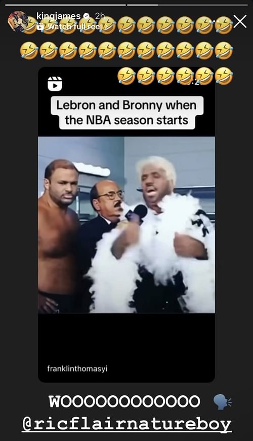 LeBron James getting hyped over a Ric Flair video edit involving him and Bronny James