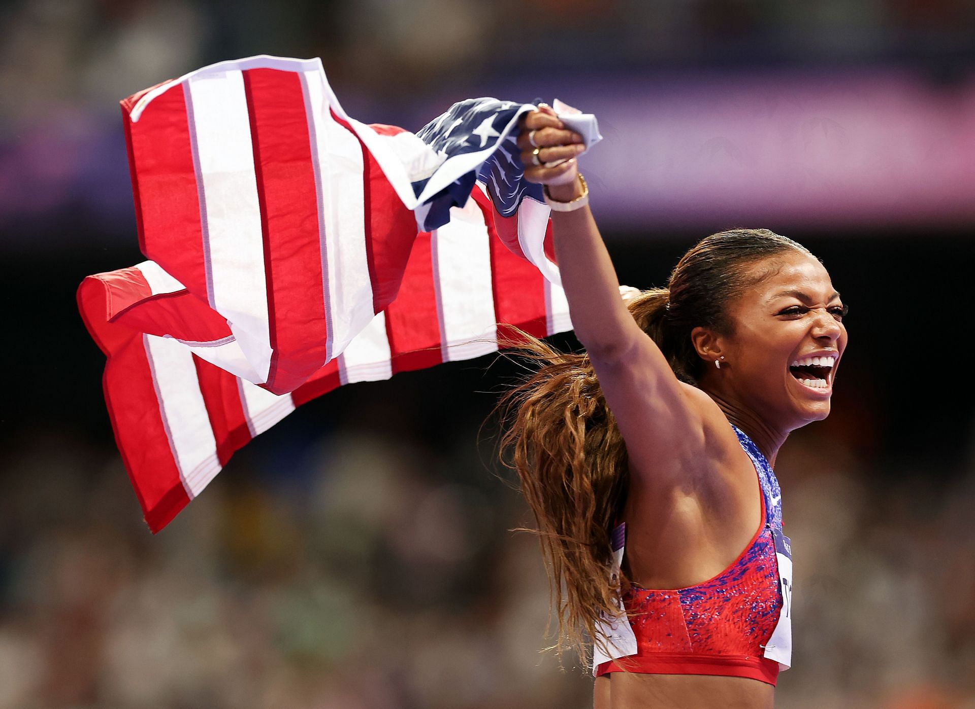 Gabby Thomas celebrates victory in the women&#039;s 200m final at the Paris Olympics 2024. (Photo by Ian MacNicol/Getty Images)