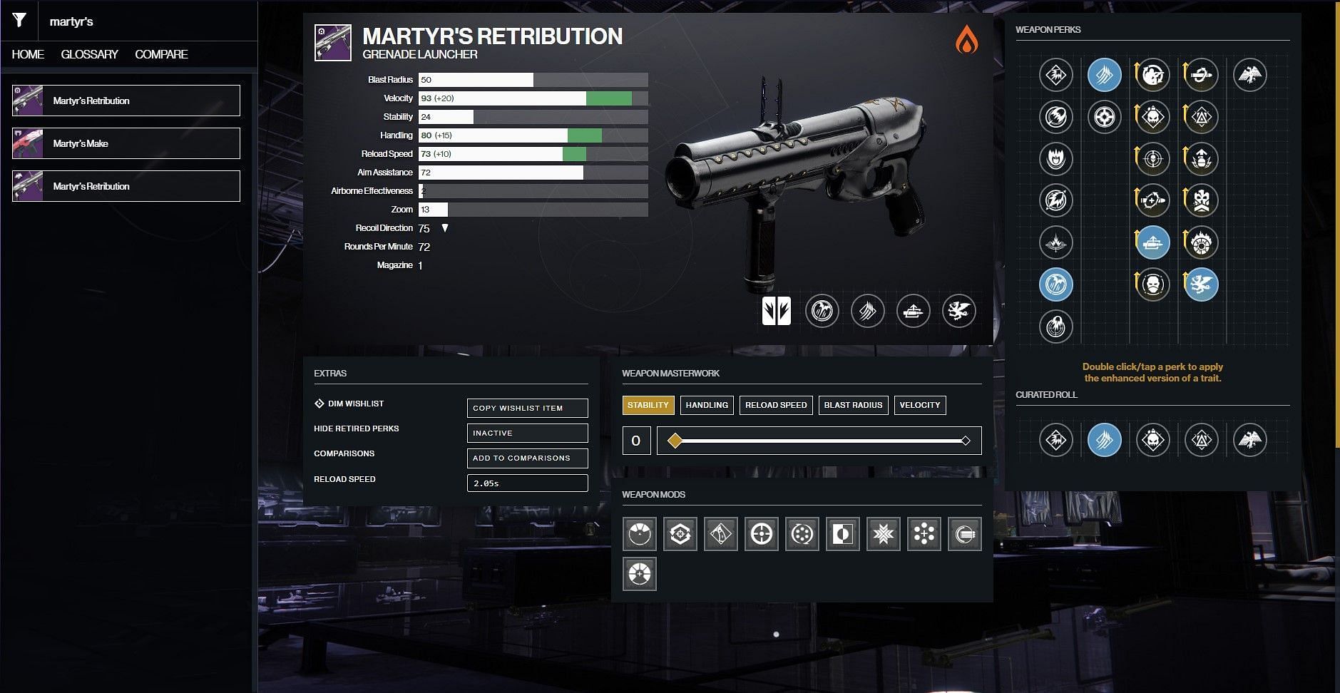 Martyr&#039;s Retribution PvP god roll (Image via D2Gunsmith/Bungie)