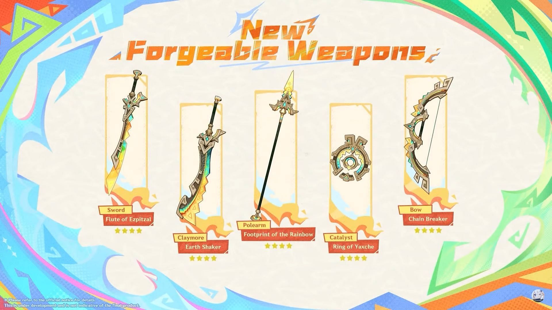 Players will be able to craft five new weapons starting Genshin Impact version 5.0 (Image via HoYoverse)