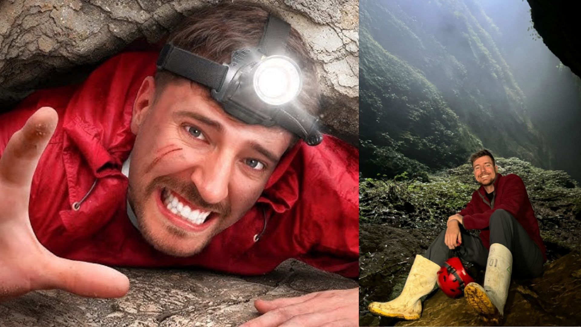 In his latest video, MrBeast climbed down a dangerous cave along with his crew (Images via MrBeast/YouTube, @mrbeast/Instagram)