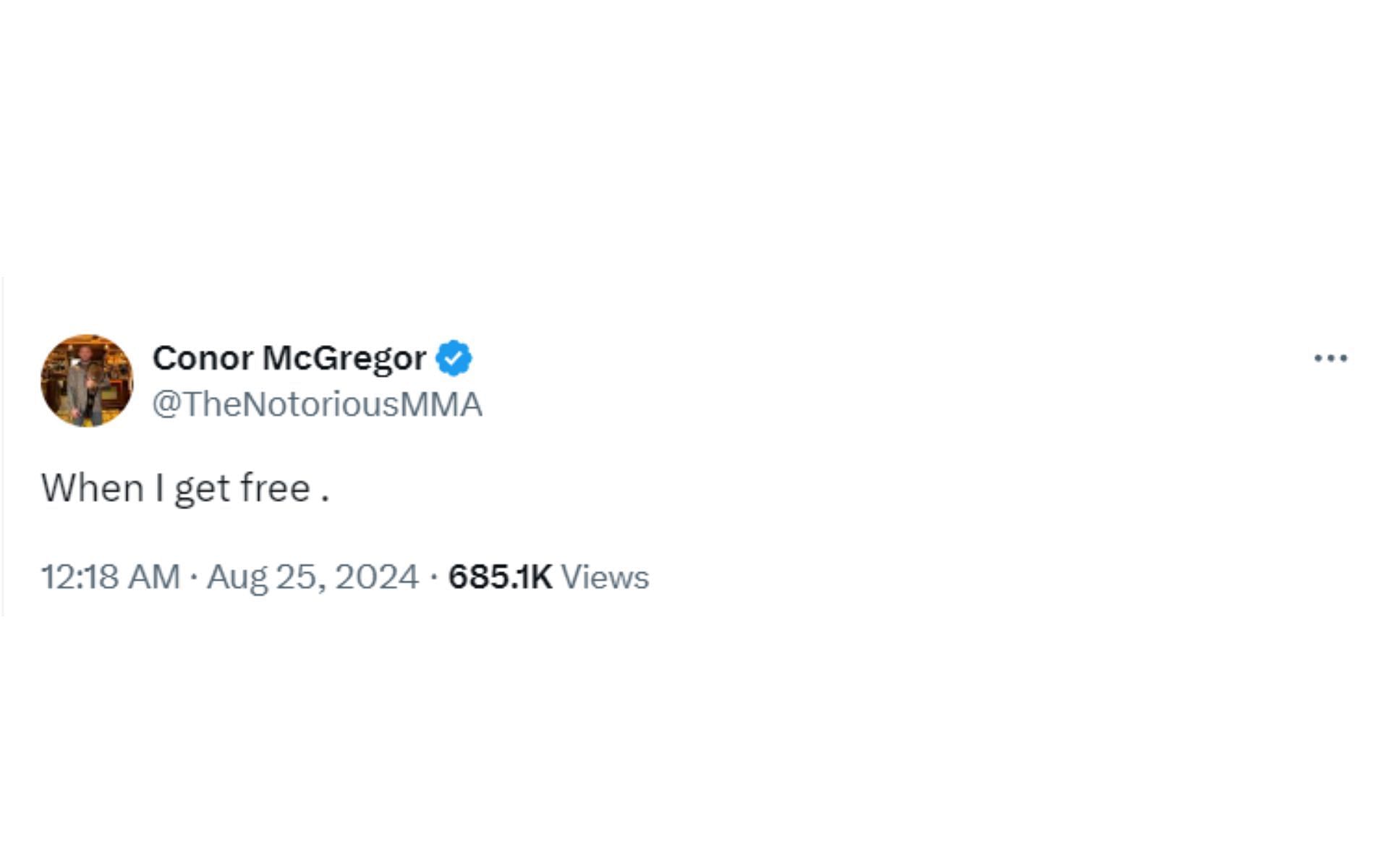 Screenshot of Conor McGregor&#039;s post on X