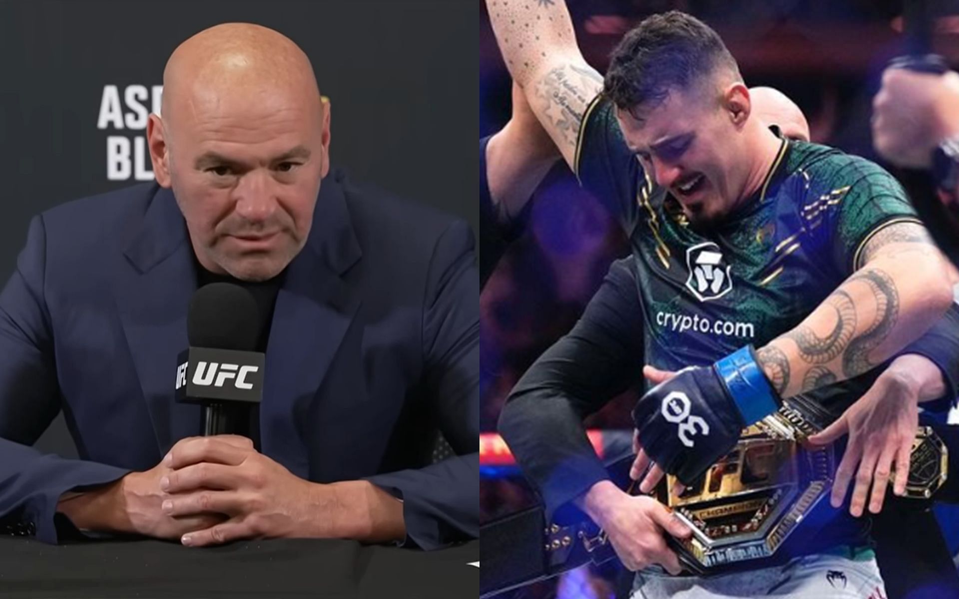 Dana White (left) thinks Tom Aspinall (right) should wait till Jon Jones and Stipe Miocic fight each other. [Images courtesy: UFC on YouTube and @tomaspinallofficial on Instagram]