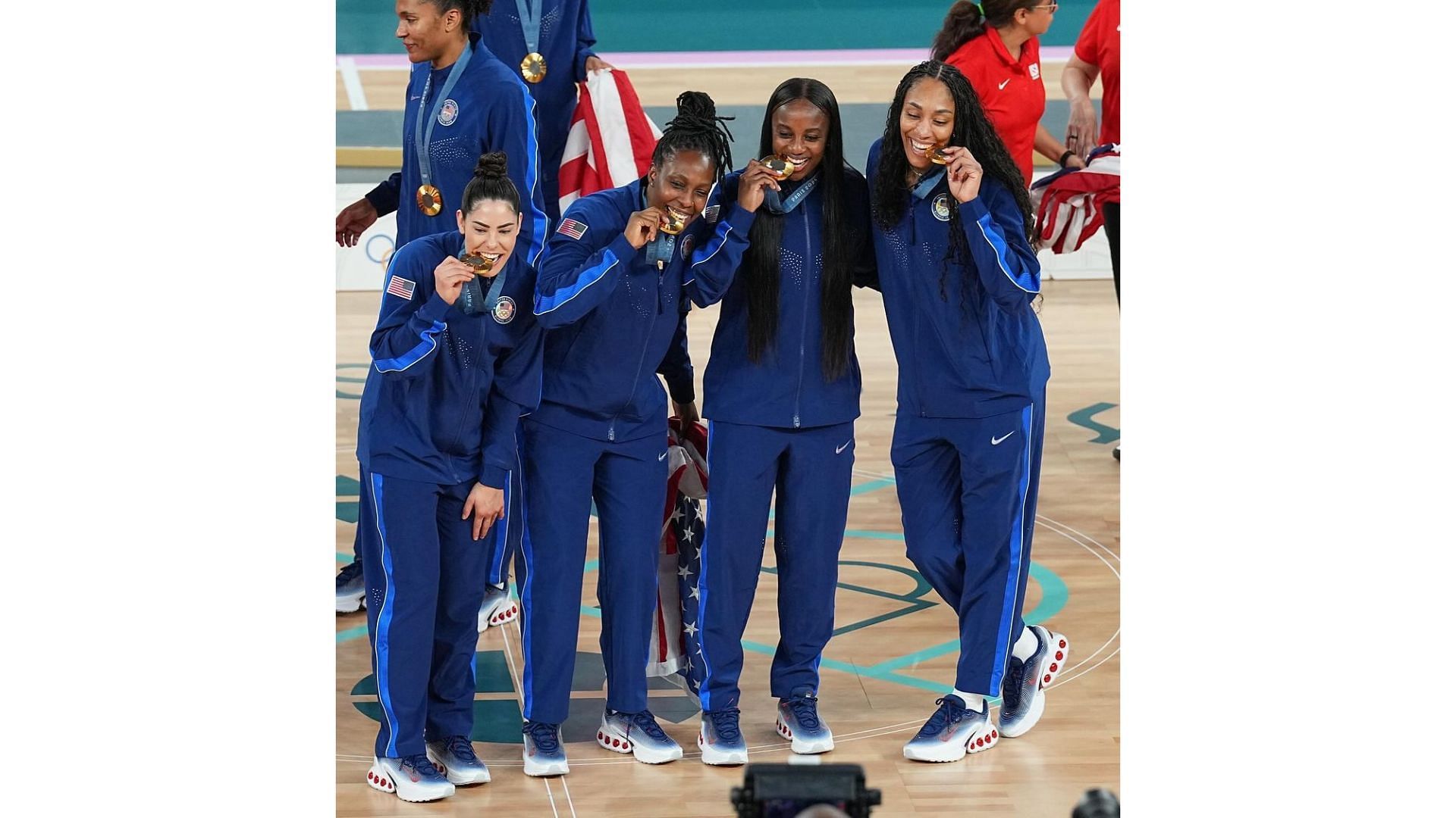 A'ja Wilson celebrates alongside her teammates after winning the gold medal. Image Credit: IG account of A'ja Wilson