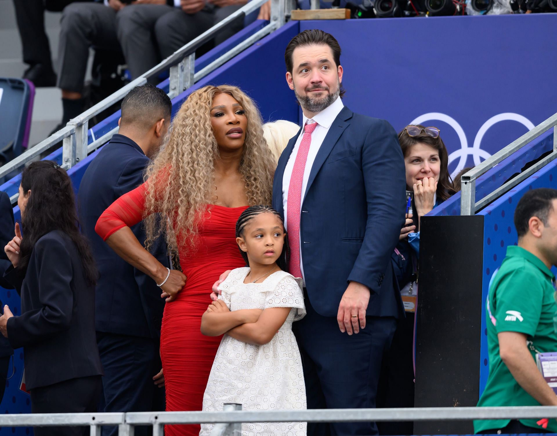 Serena Williams, Alexis Ohanian and their daughter at the Paris Olympics 2024 Opening Ceremony. (Photo via Getty Images)