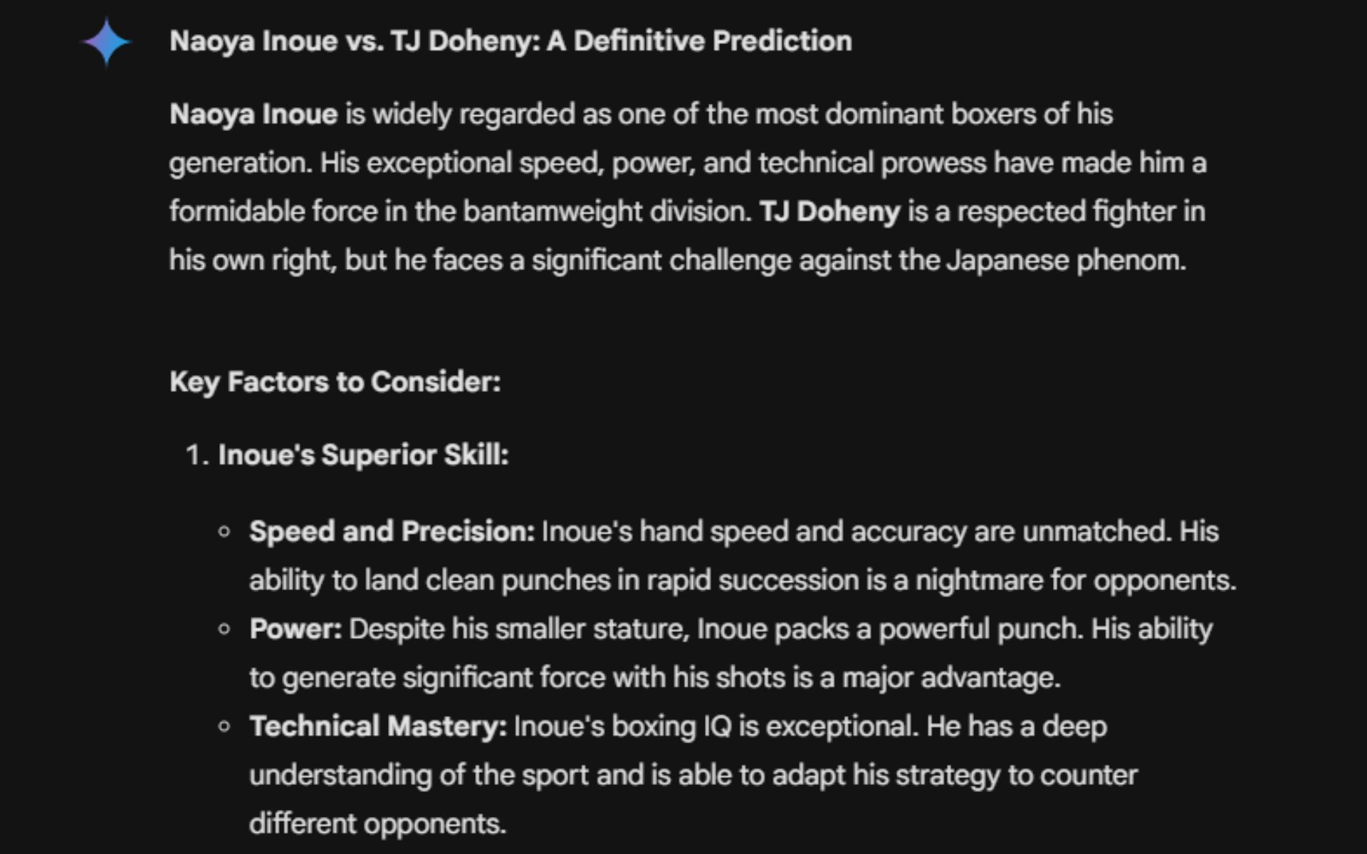 Google&#039;s AI prediction for Naoya Inoue vs. TJ Doheny