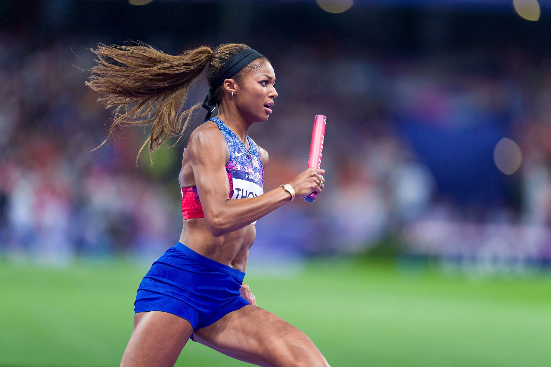 Gabby Thomas of Team United States competes with teammates in the Women&#039;s 4 x 400m Relay Final at the Olympic Games 2024 in Paris, France. (Photo by Getty Images)