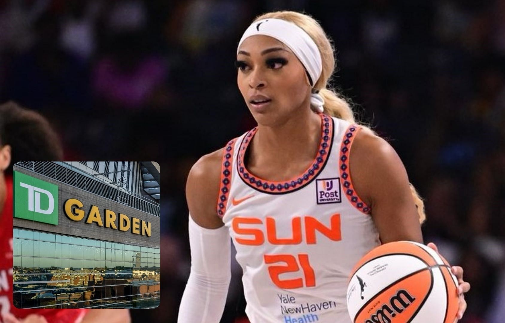 DiJonai Carrington addresses calling out WNBA for not promoting historic game at TD Garden. (Photos from Connecticut Sun and TD Garden X pages)